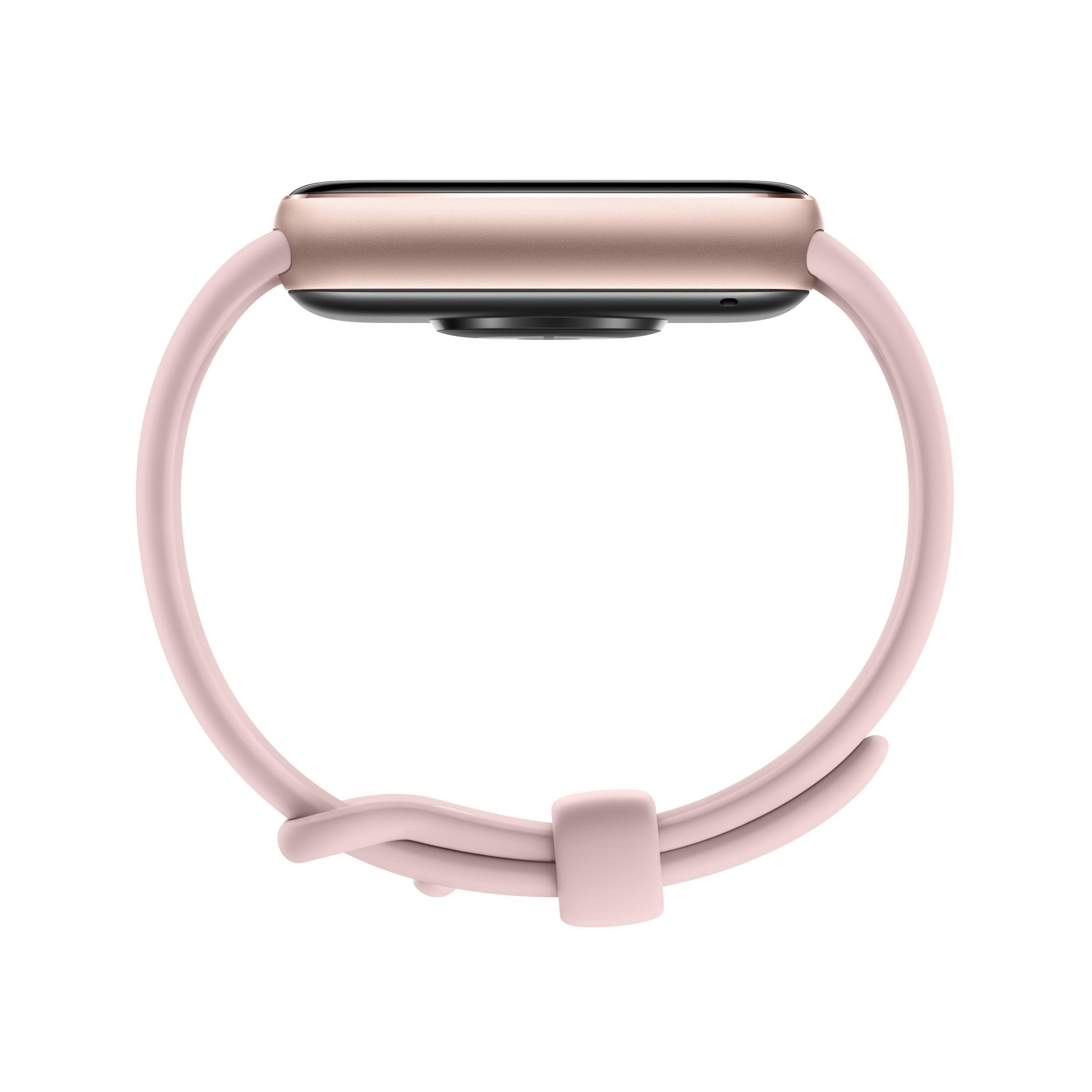 Roségold-Smartwatch mit rosa Armband, Seitenansicht.