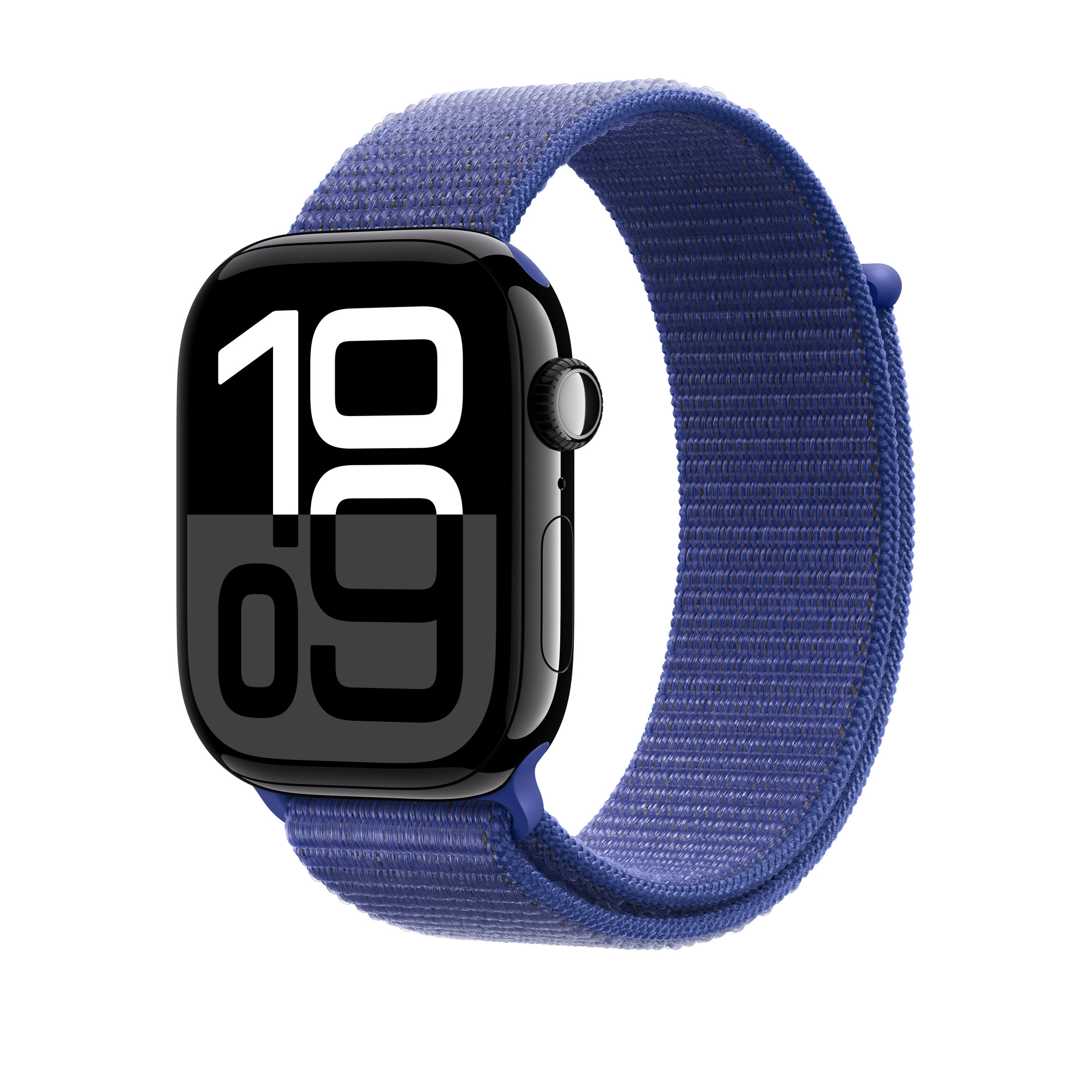 Mavi kumaş kayışlı siyah Apple Watch. Beyaz zemin.