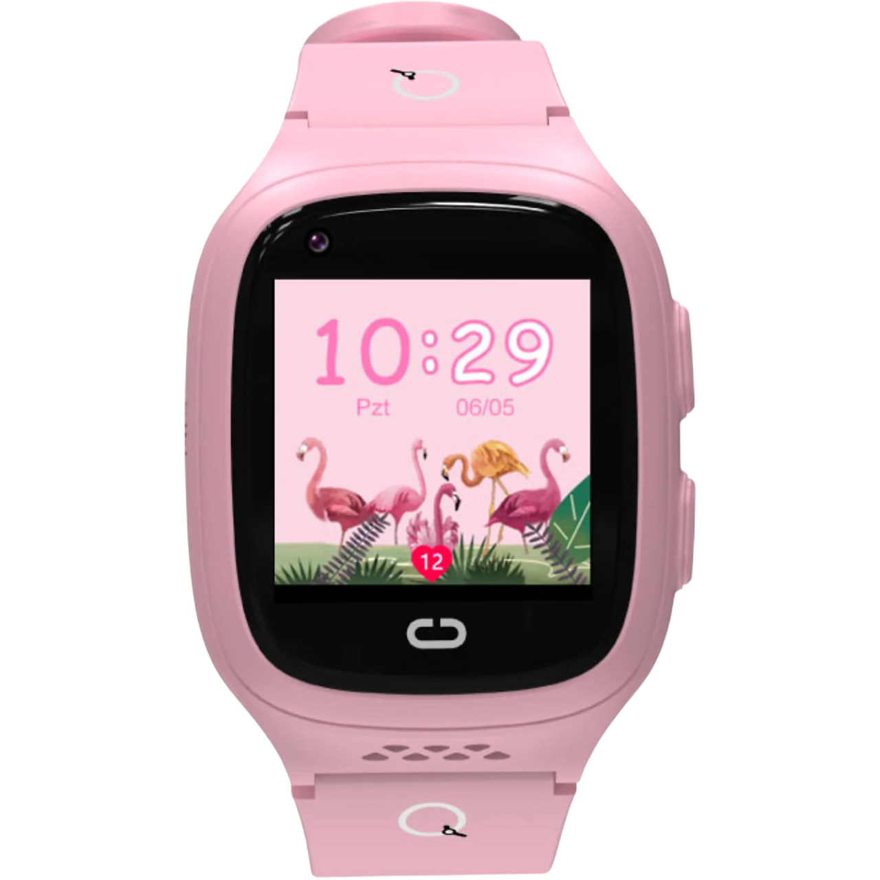 Flamingo temalı ekranlı pembe akıllı saat, saati, 12 rakamını ve tarihi gösteriyor.