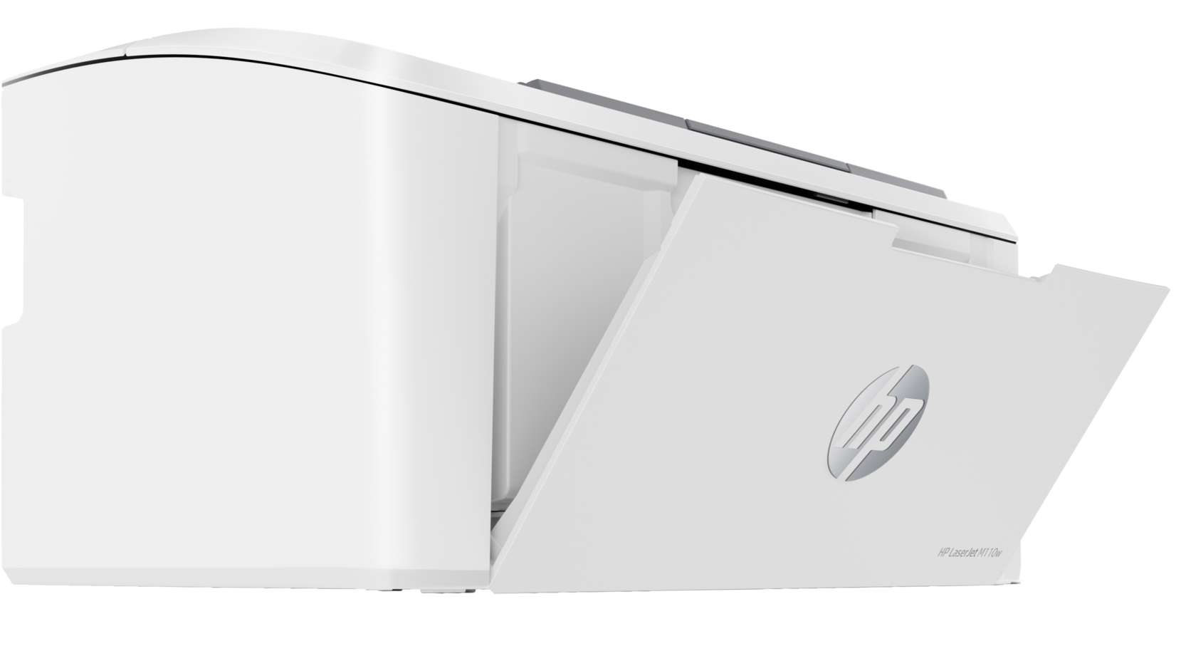 Biała drukarka HP z częściowo otwartą pokrywą, ukazująca logo HP.