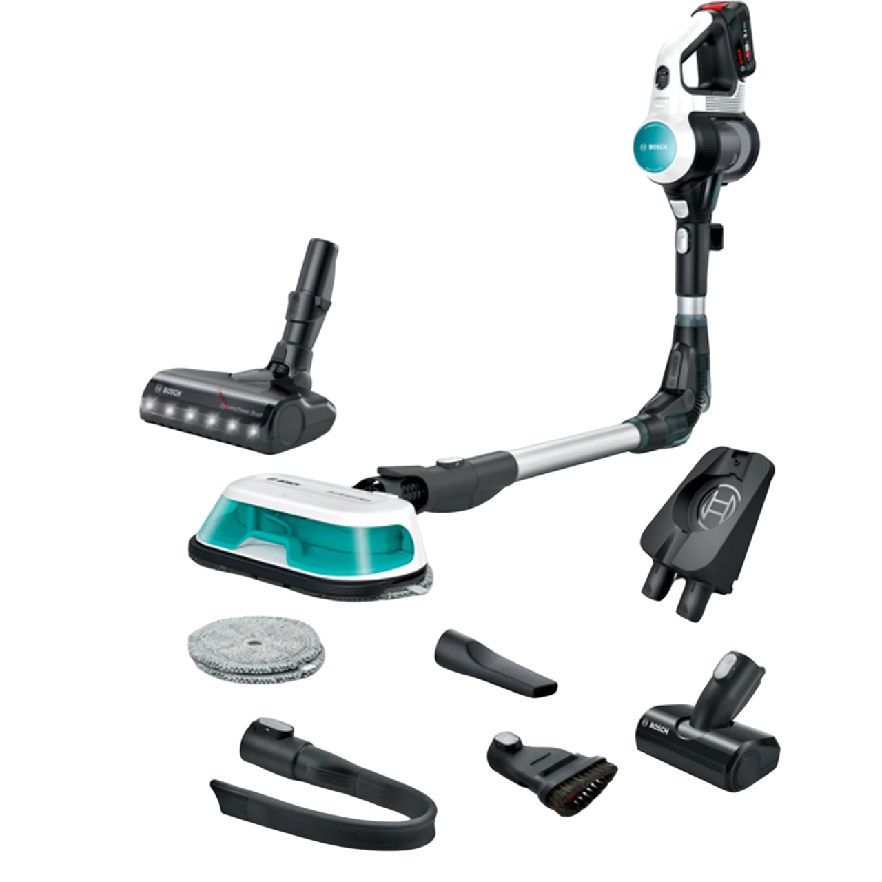 Kablosuz bir Bosch elektrikli süpürge ve aksesuarları siyah bir arka plan üzerinde sergileniyor.