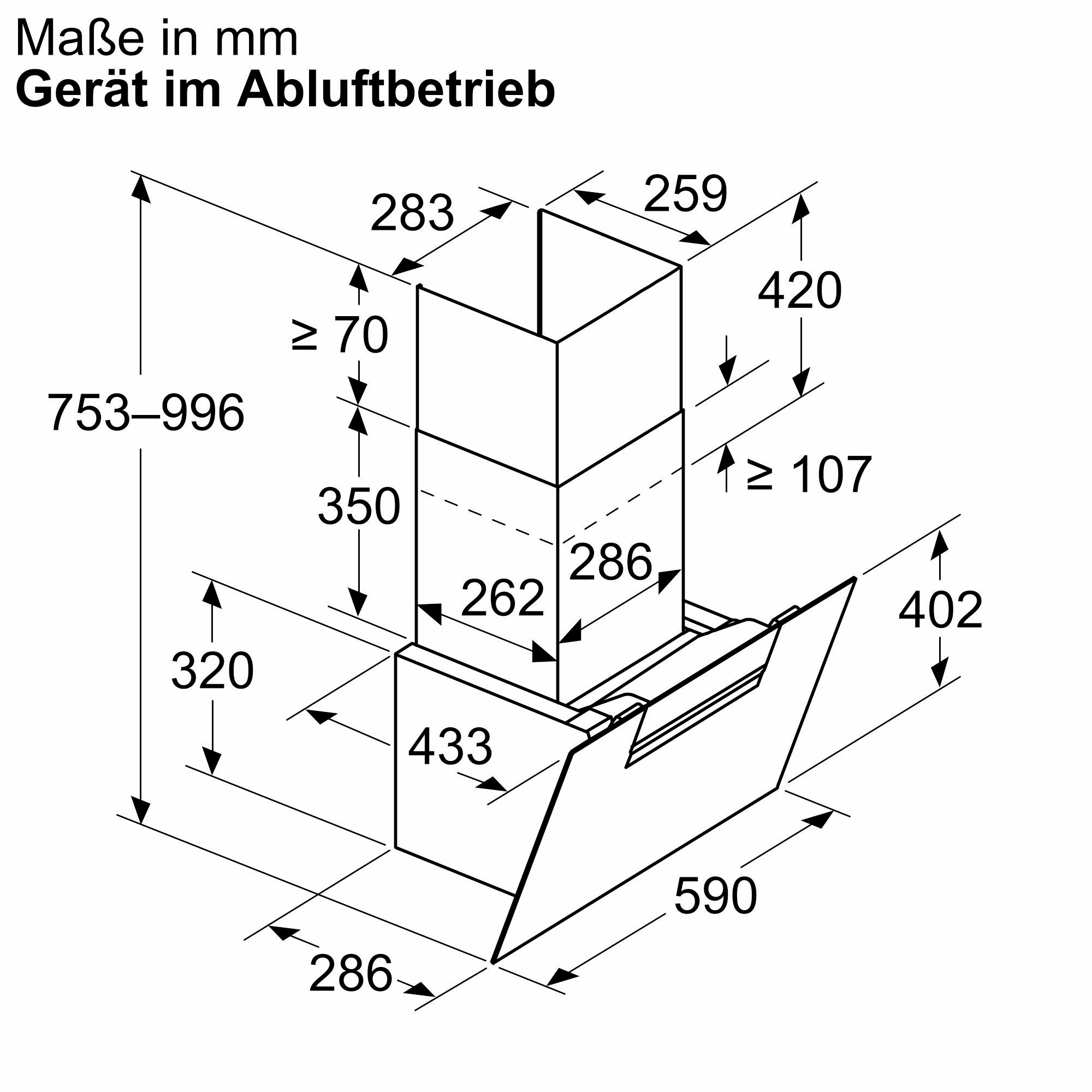 Technische Zeichnung einer Dunstabzugshaube mit Maßen in Millimetern.