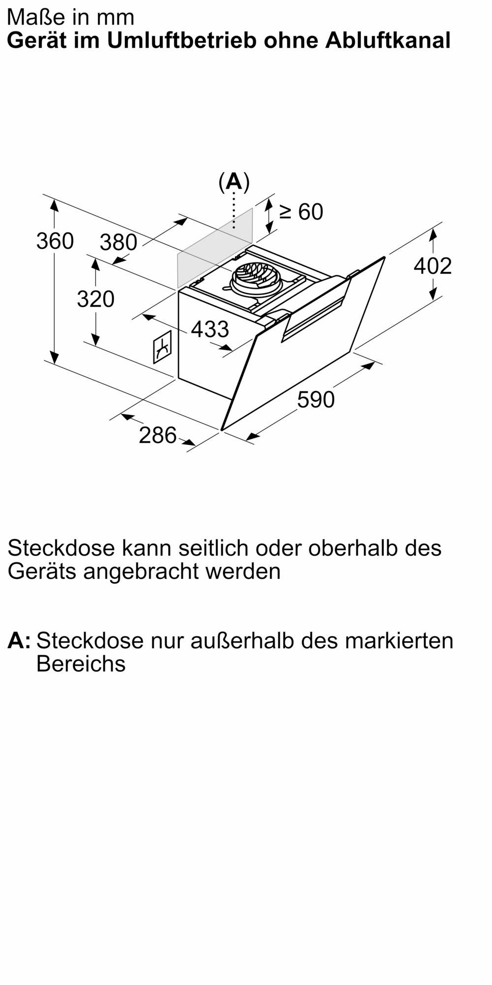 Diagramm einer Küchenhaube mit Abmessungen. Zeigt Ein- und Auslass.
