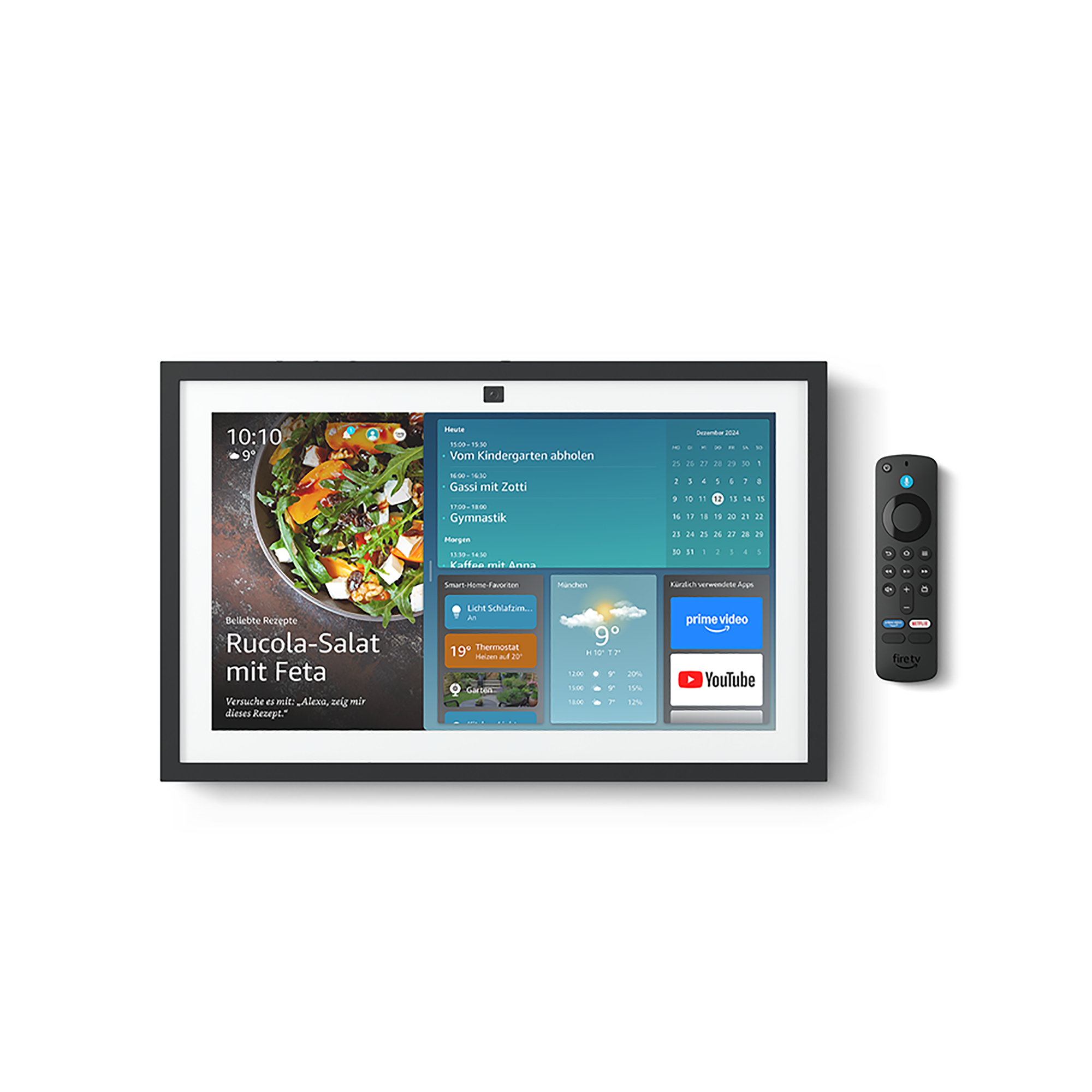 Ein schwarzes Smart-Display mit Fernbedienung. Das Display zeigt einen Kalender und ein Rezept.