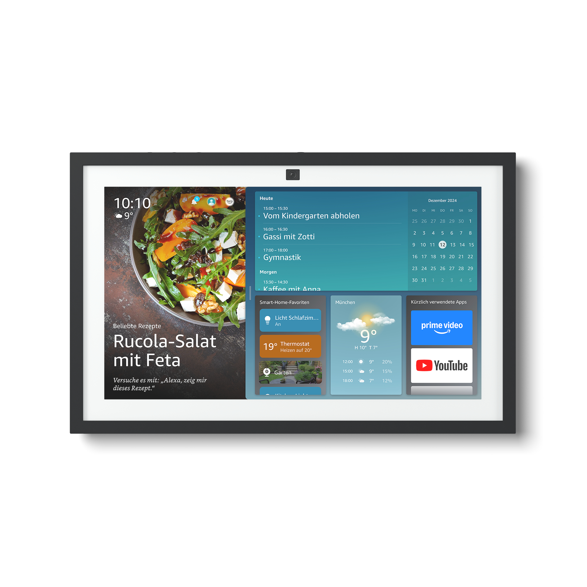 Ein schwarz gerahmtes Smart Display, das ein Rezept, einen Kalender und Wetterinformationen zeigt.