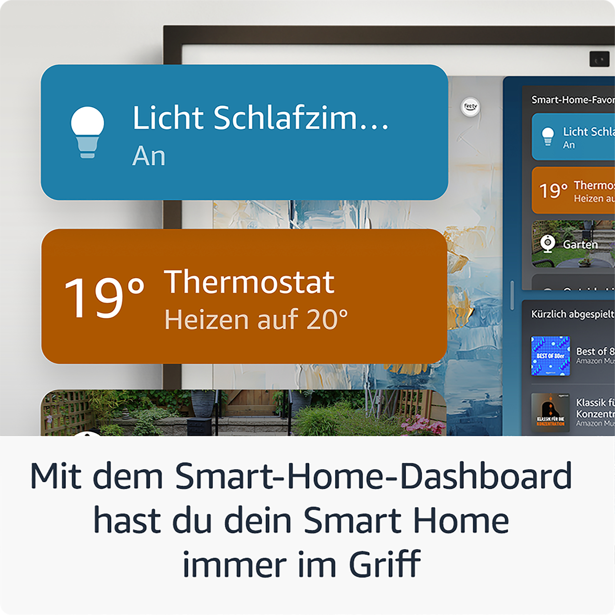 Smart-Home-Dashboard auf Tablet mit Raumlicht- und Thermostateinstellungen.