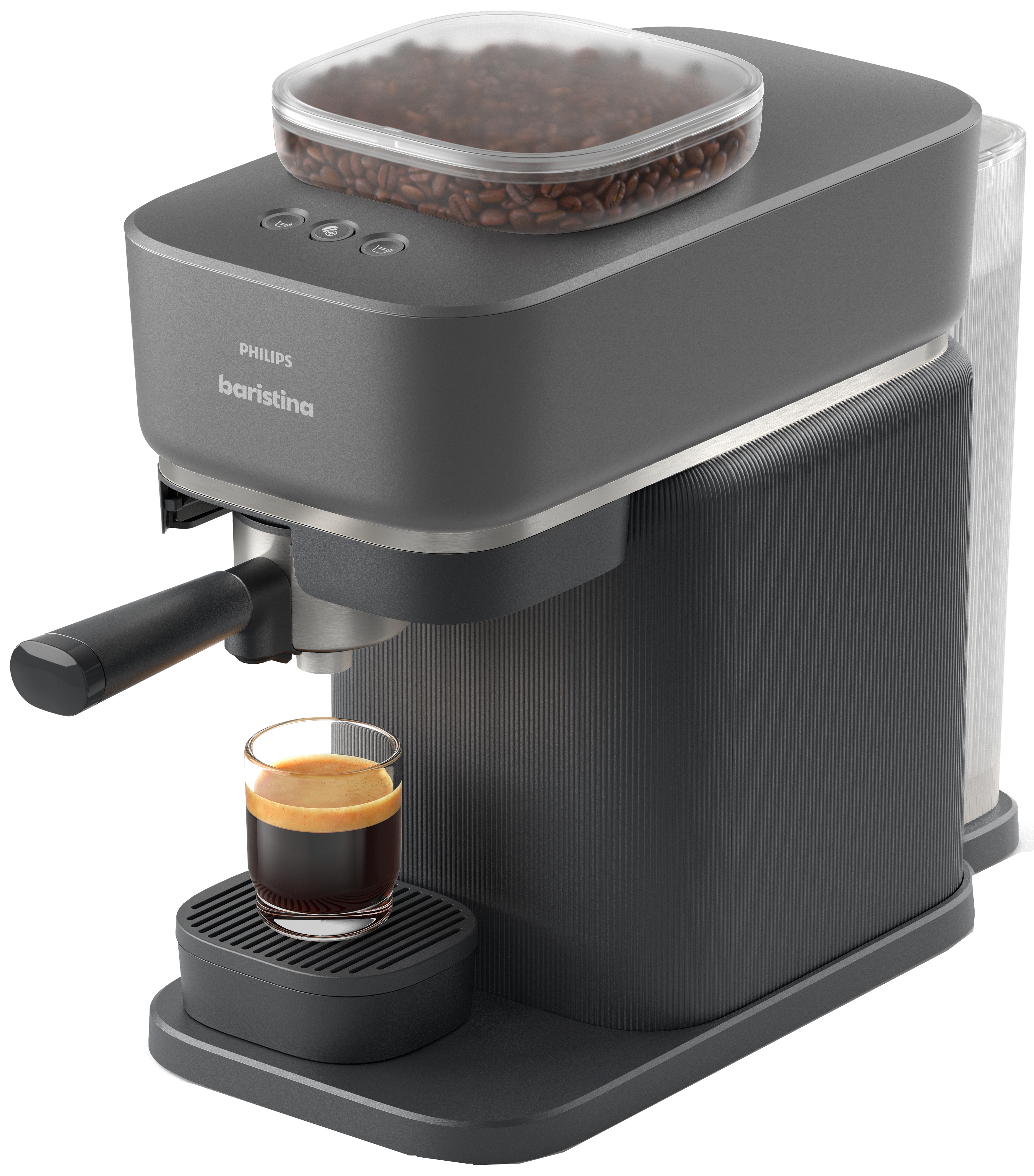 Philips Baristina Espressomaschine, mit Kaffee und Bohnen, auf schwarzem Grund.