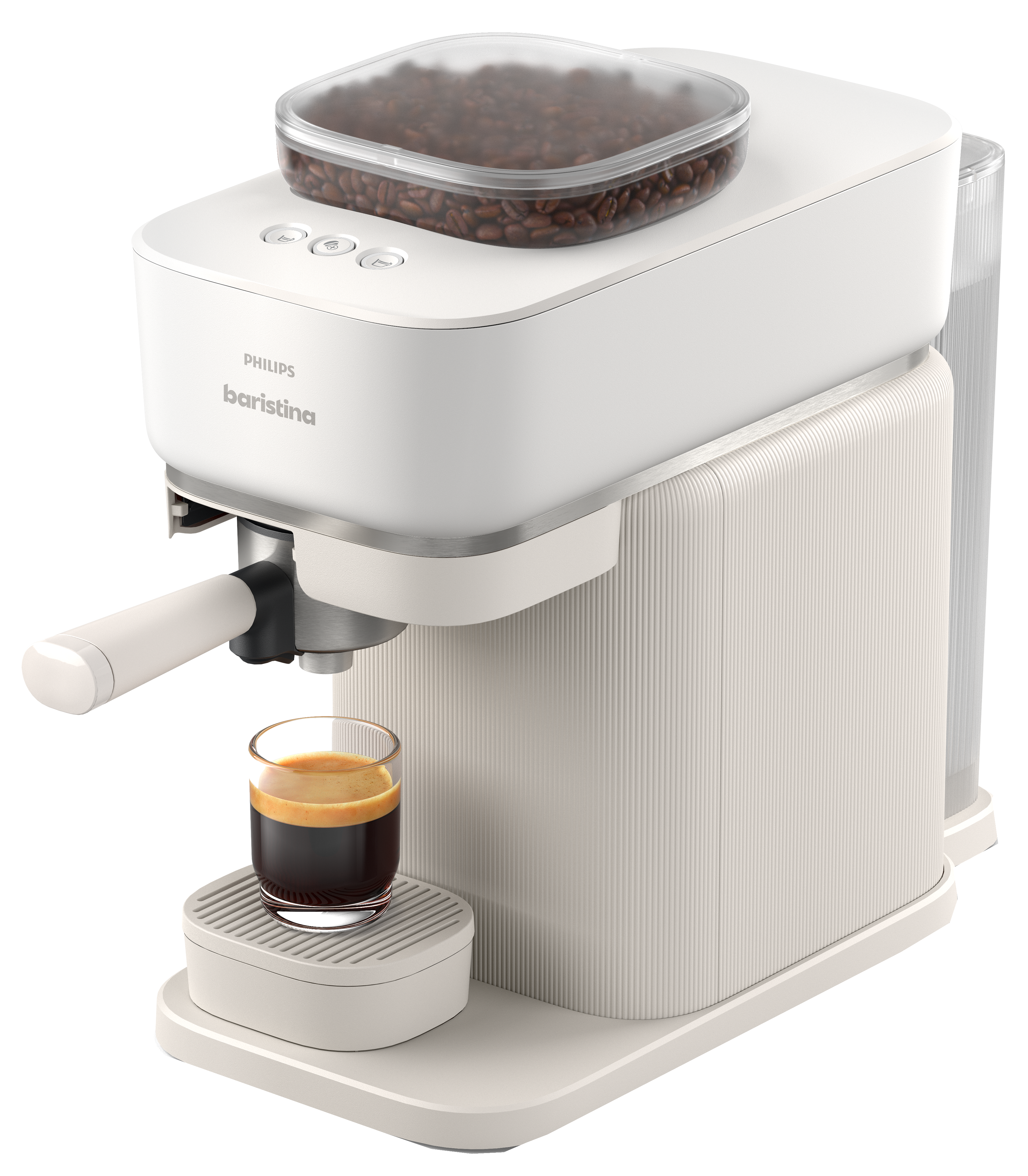 Weiße Philips Baristina Espressomaschine mit Kaffeebohnen und einem Glas Kaffee auf schwarzem Hintergrund.