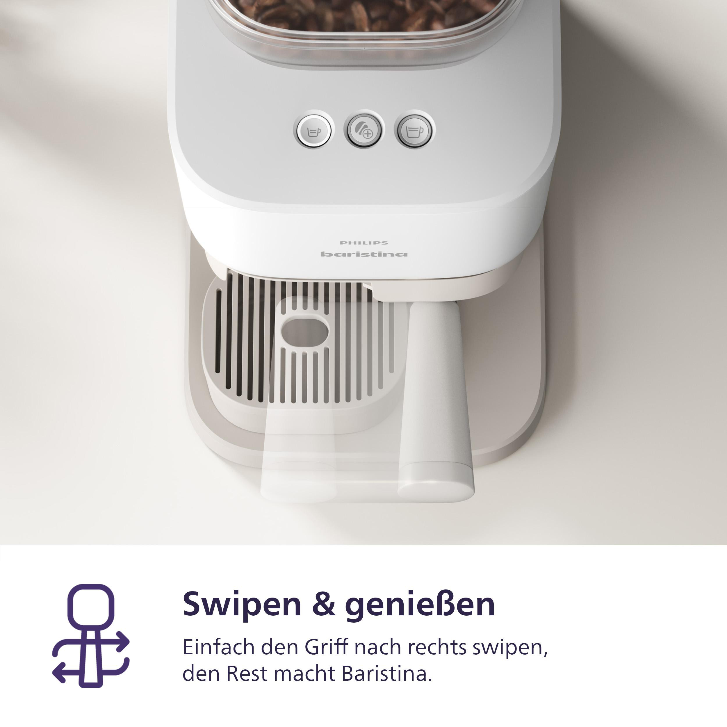 Kaffeemaschine mit Bohnen und Knöpfen. Text: Wischen & genießen, nach rechts wischen. Der Rest macht Baristina.