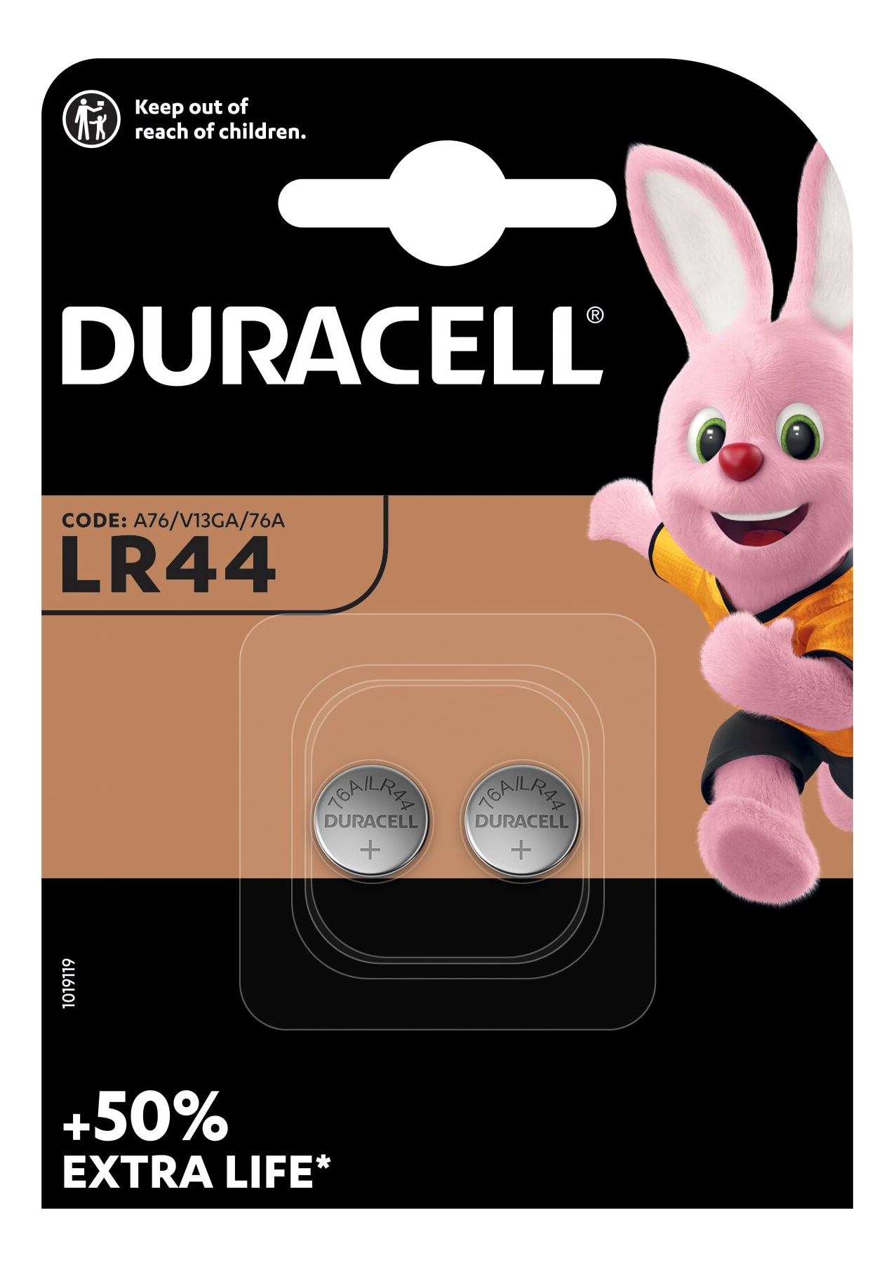 Duracell-Batteriepack. Zwei Batterien, rosa Häschen-Maskottchen, braune und schwarze Verpackung. Text: 'LR44'.
