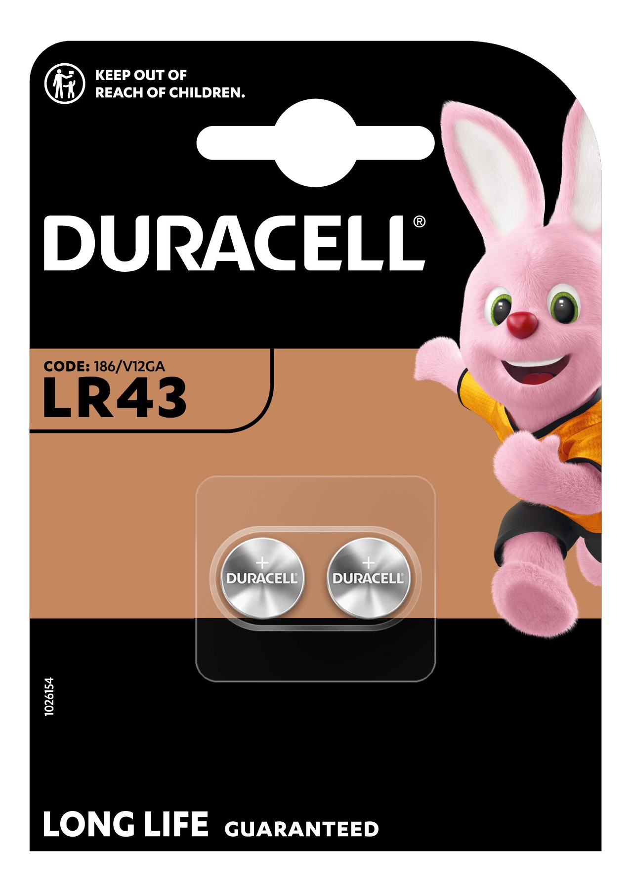 Duracell-Batteriepack. Enthält zwei Batterien, das Duracell-Logo und ein rosa Häschen als Maskottchen.