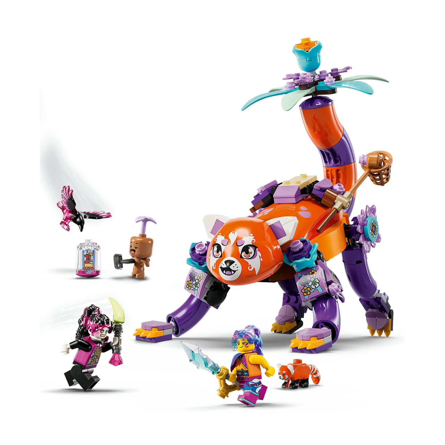 Un set LEGO colorato con diverse mini-figure e una grande creatura simile a un panda rosso.