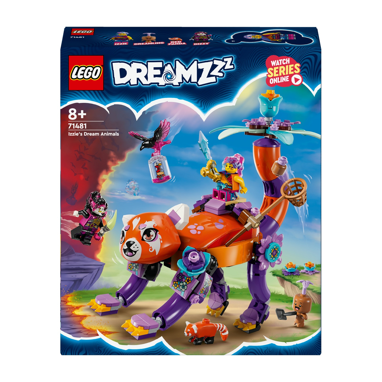 Set scatola Lego Dreamzzz. Creatura simile a un panda rosso, personaggi sopra e scatola con mattoncini Lego.