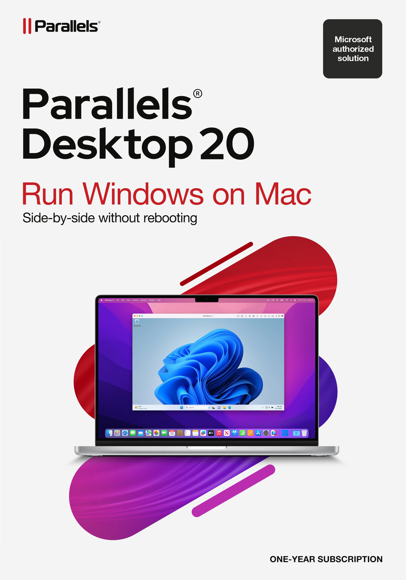 Parallels Desktop 20 Box mit Laptop, der Windows zeigt. Rote und lila Formen im Hintergrund.