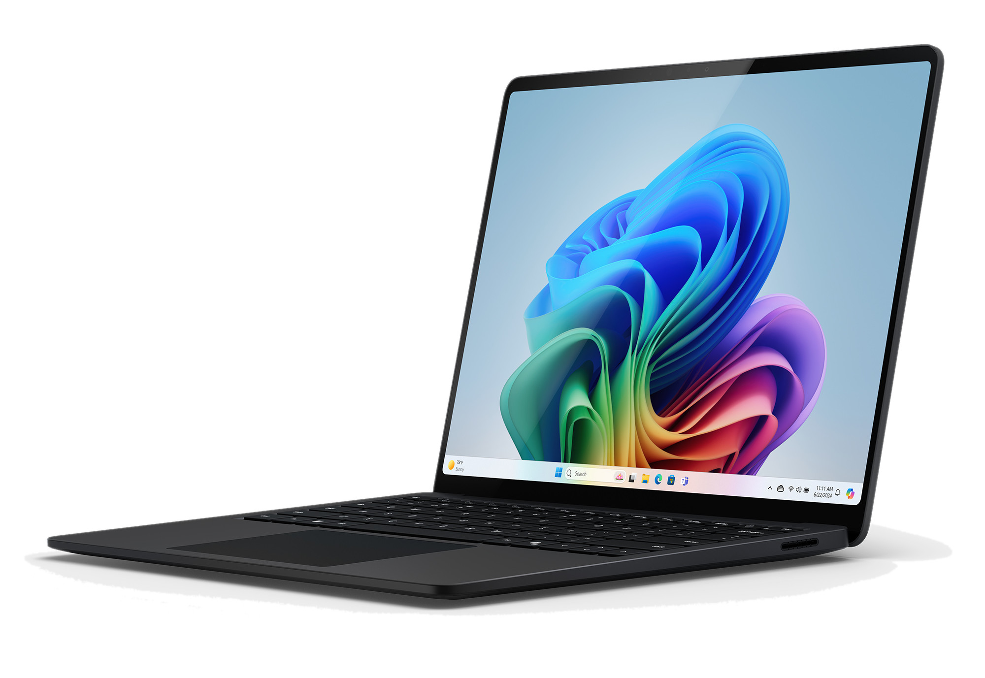 Czarny laptop z kolorowym ekranem na białym tle.