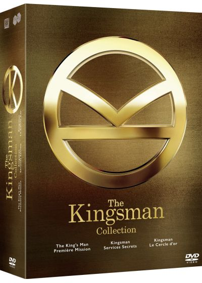 Coffret DVD Kingsman. Comprend un logo doré, des titres et des illustrations des films.