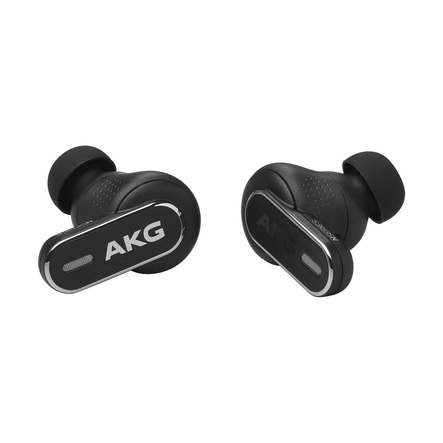 Due auricolari AKG neri, leggermente angolati, che mostrano il nome del marchio.