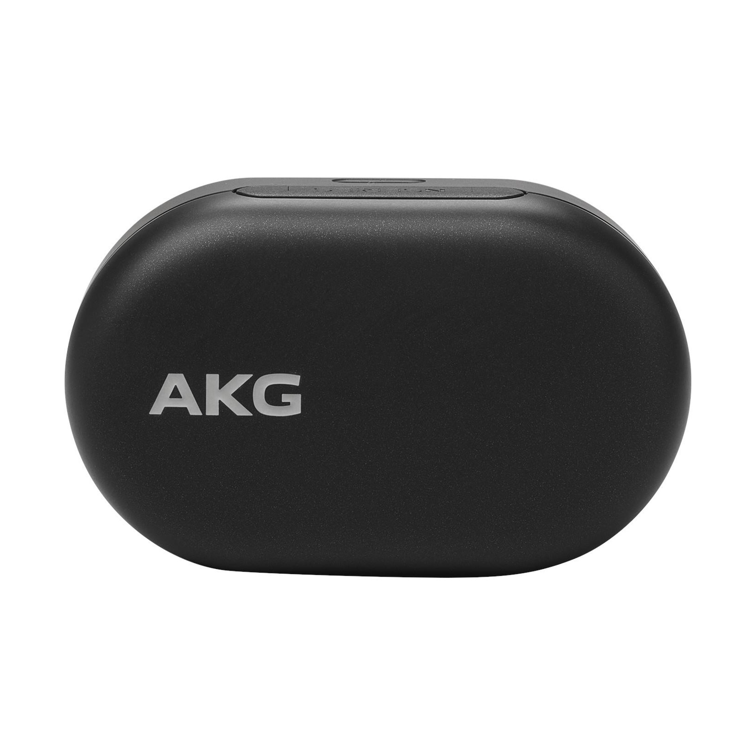 Custodia di ricarica AKG nera. Il logo è centrato. La custodia è ovale.