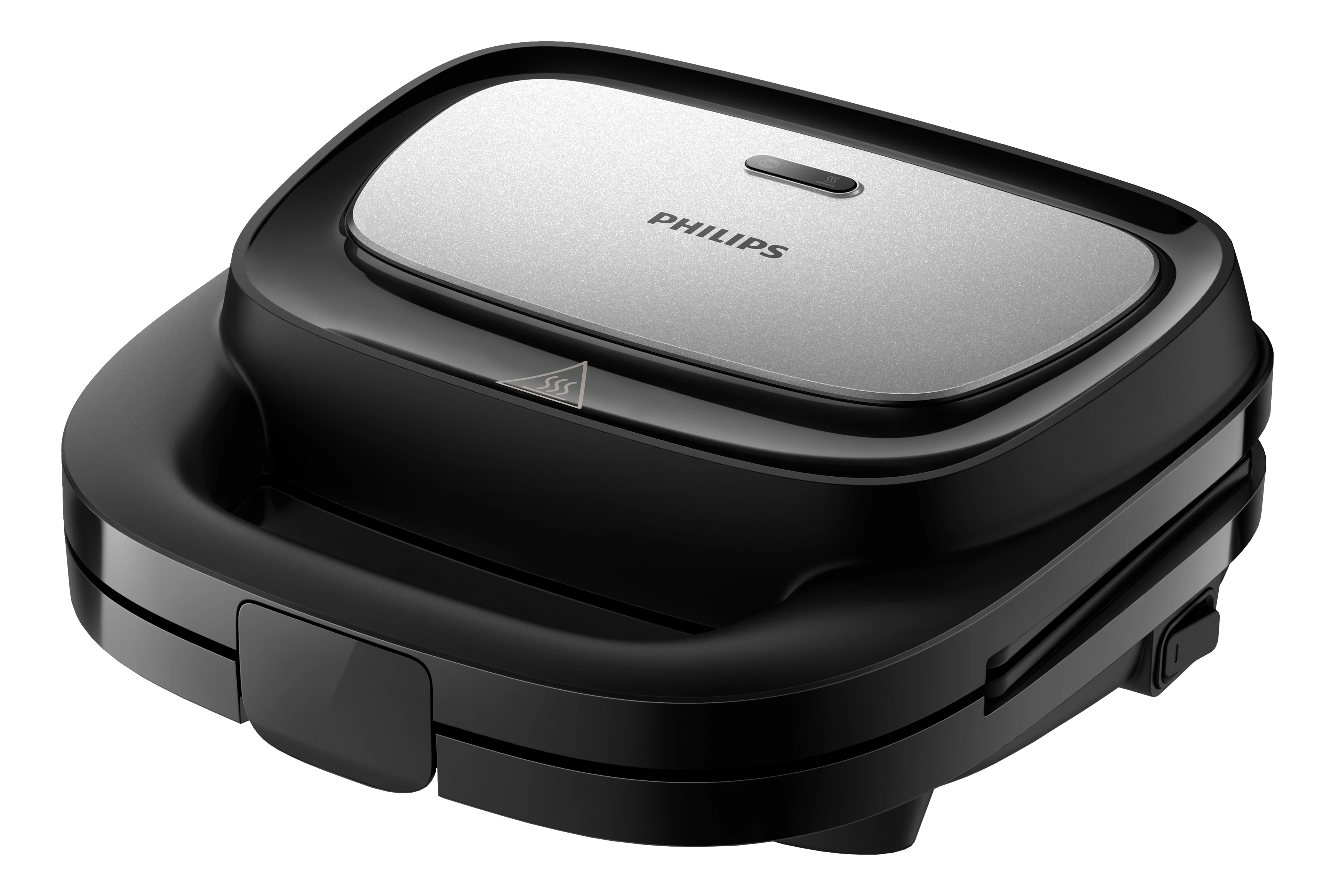 Sandwich maker Philips nero. Parte superiore argentata, manico nero e interruttore.