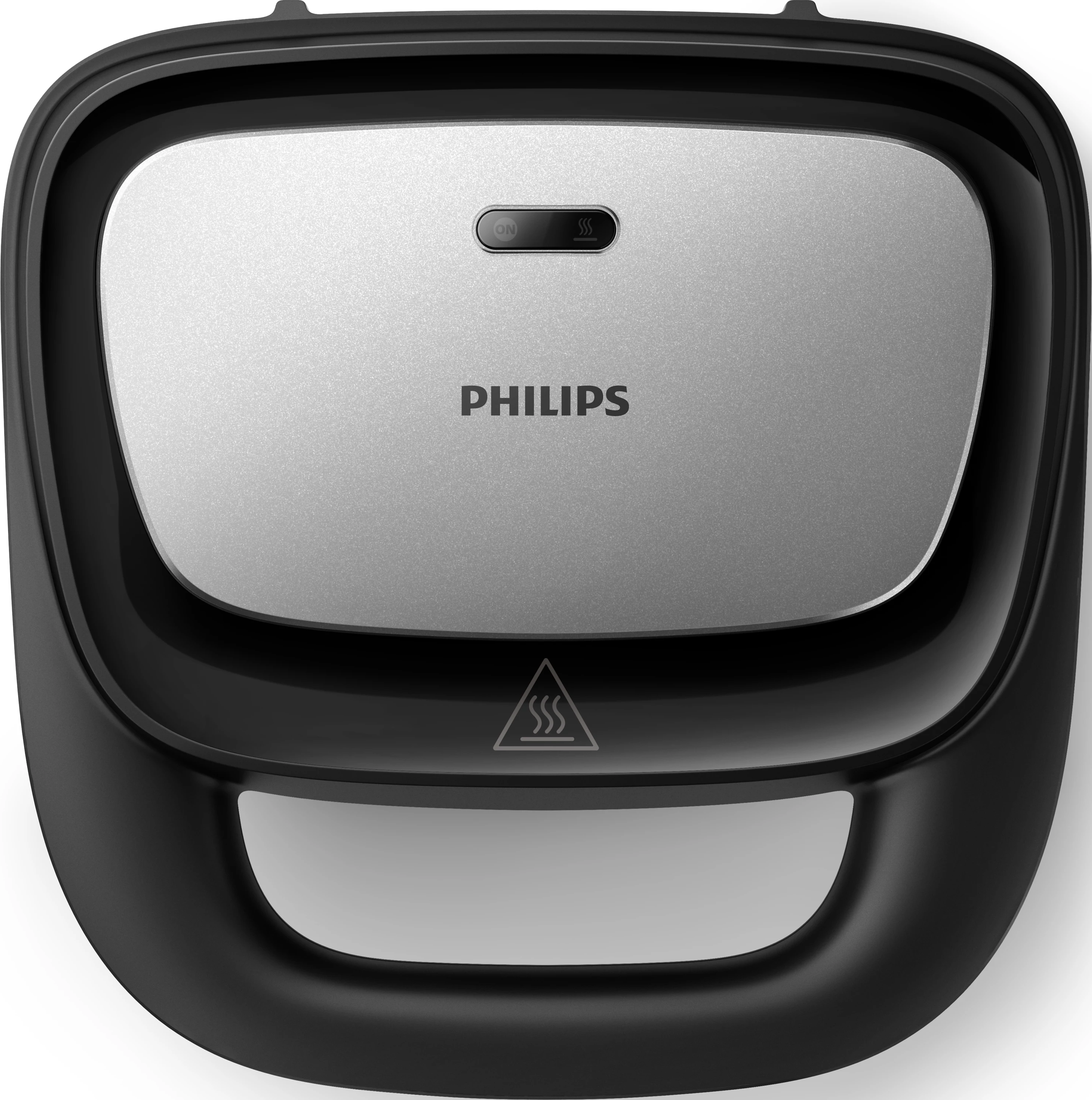 Vista dall'alto di una sandwichiera Philips nera e argento. Ha una maniglia e un simbolo di avvertimento.