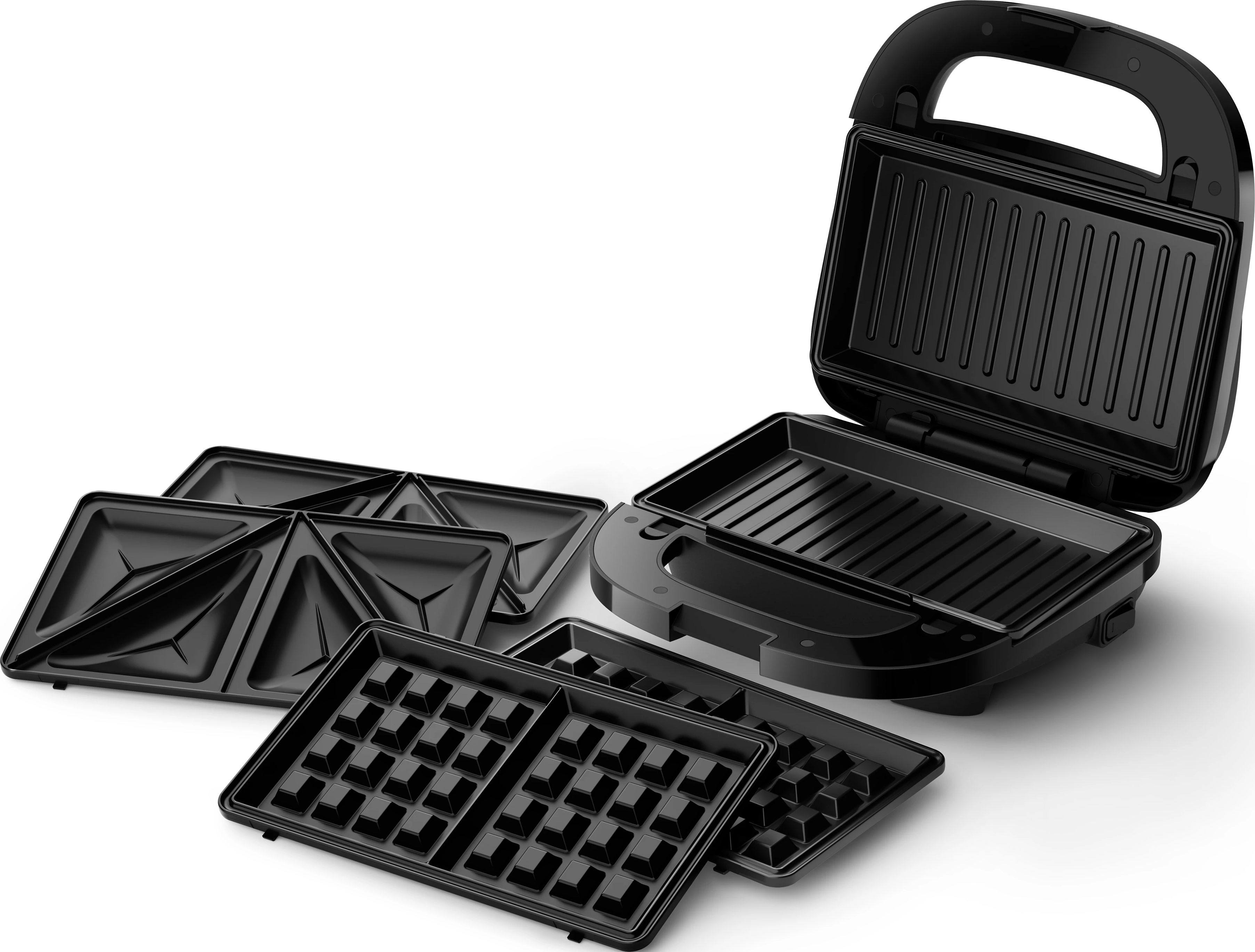 Macchina per sandwich nera con varie piastre, tra cui la piastra per waffle.