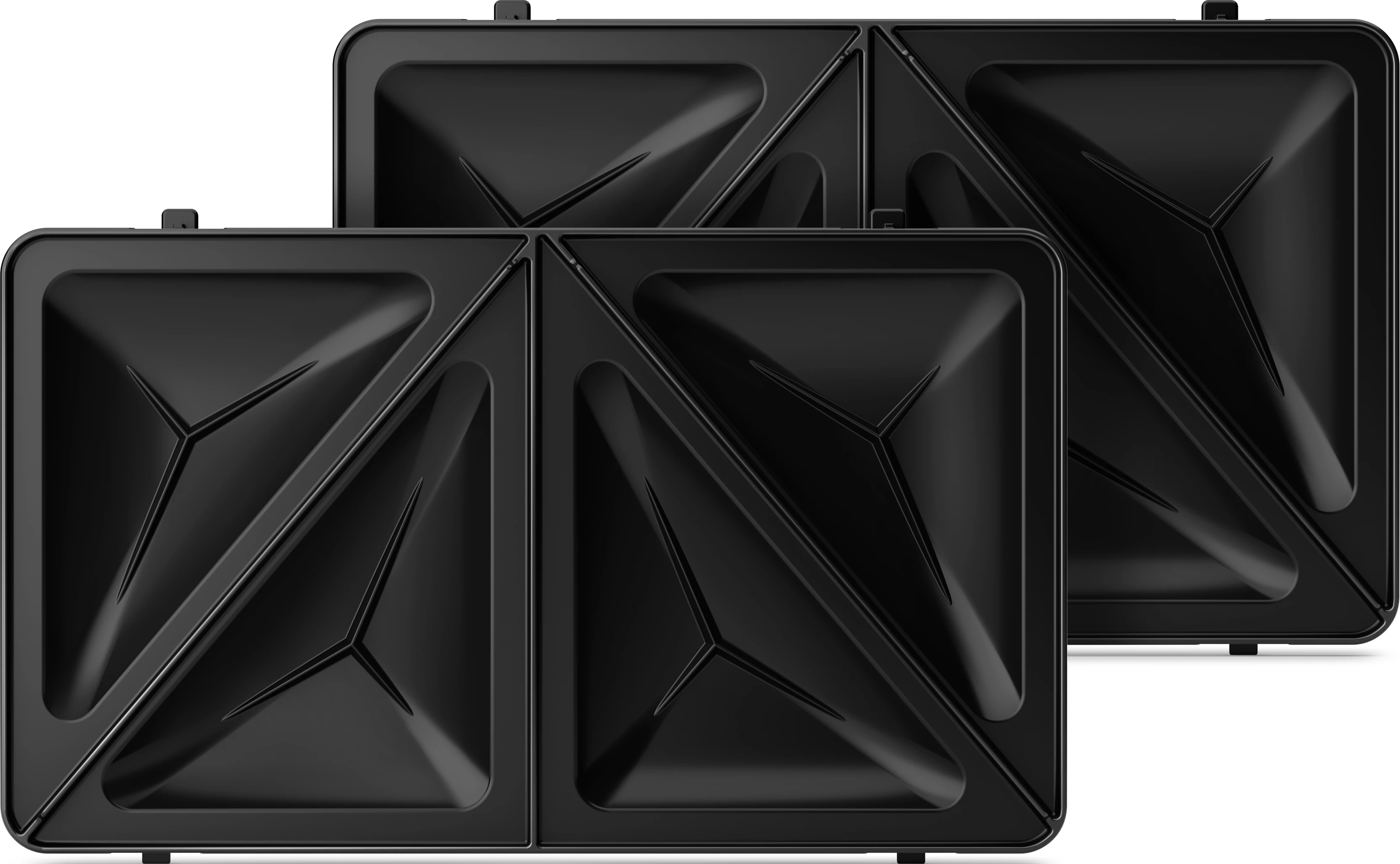 Due sandwich maker neri chiusi, ciascuno con impronte interne triangolari.