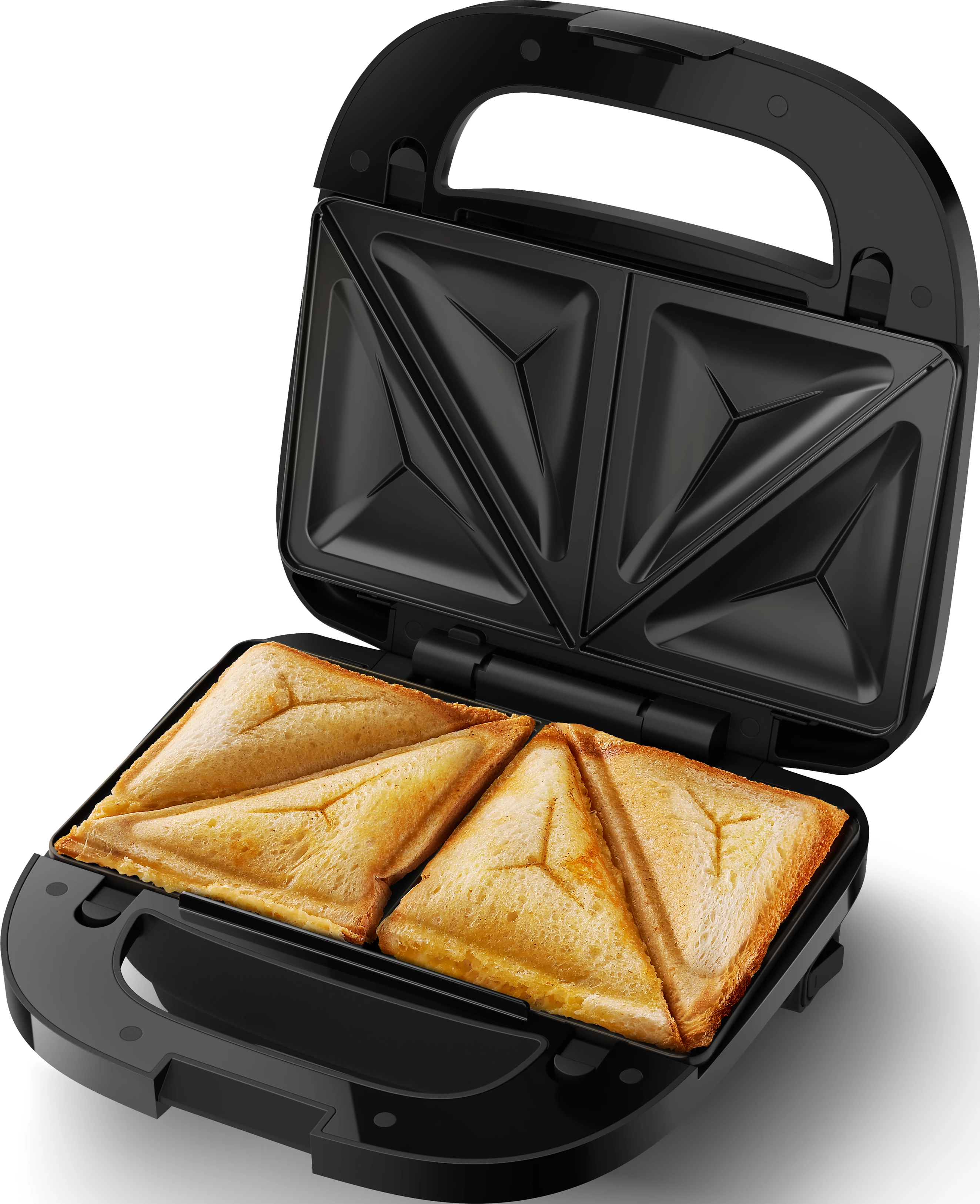 Una piastra per sandwich nera, aperta, con due panini cotti all'interno. I panini sono triangolari.