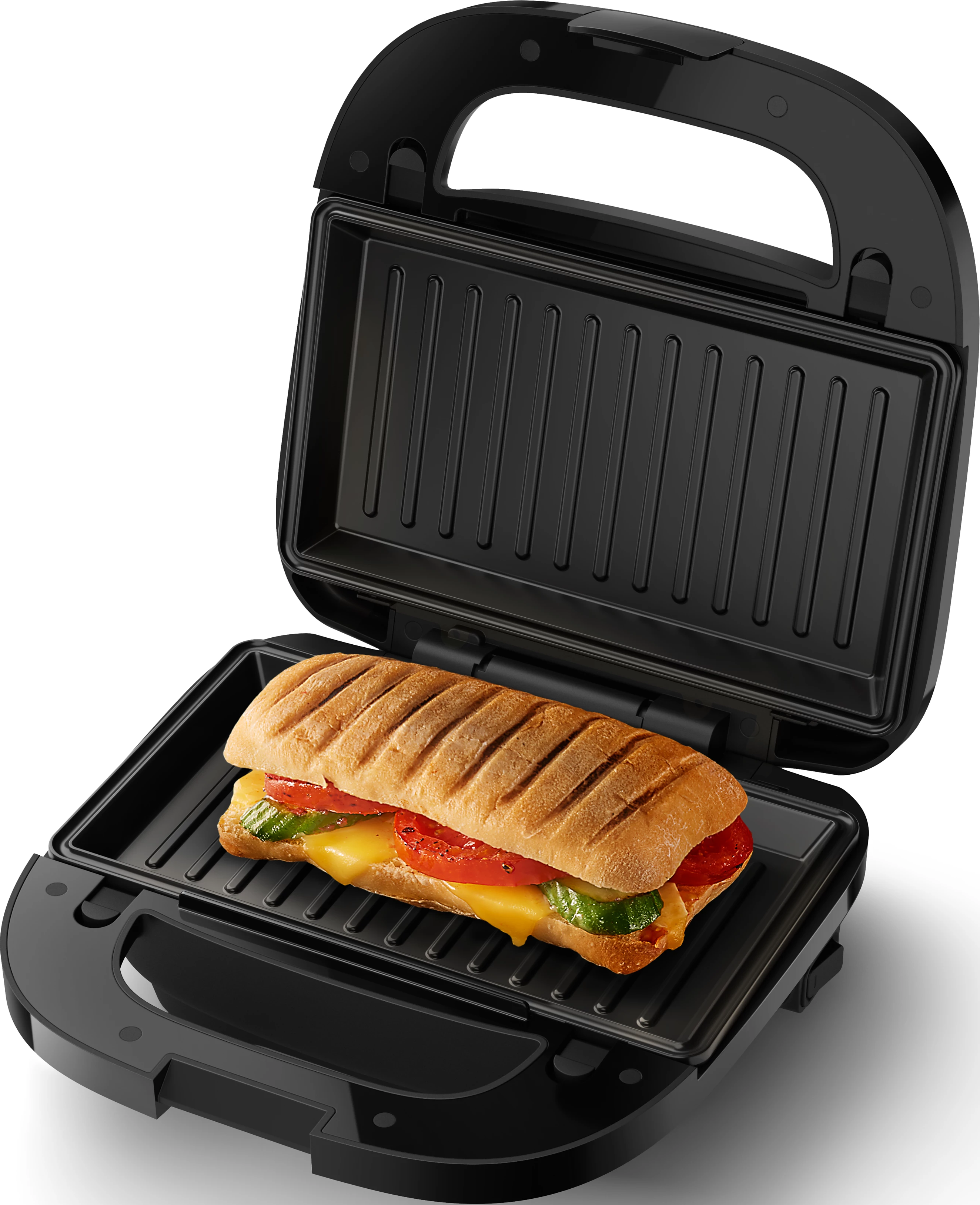 Una sandwichiera nera aperta con un panino dentro. Il panino ha formaggio e pomodoro.