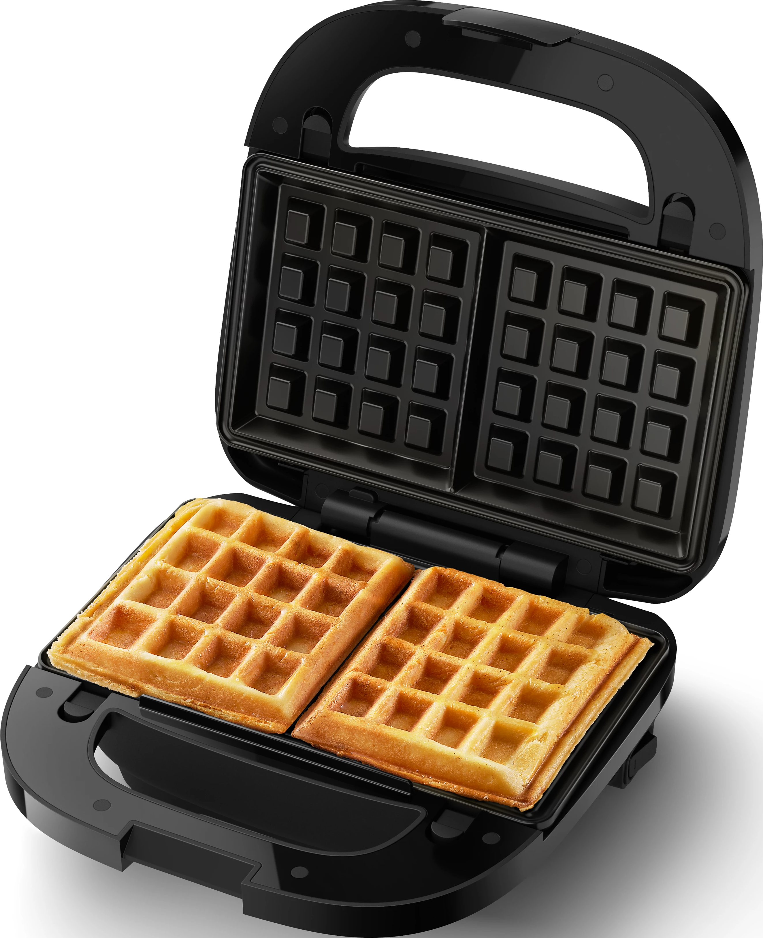 Una macchina per waffle nera con due waffle dorati all'interno.