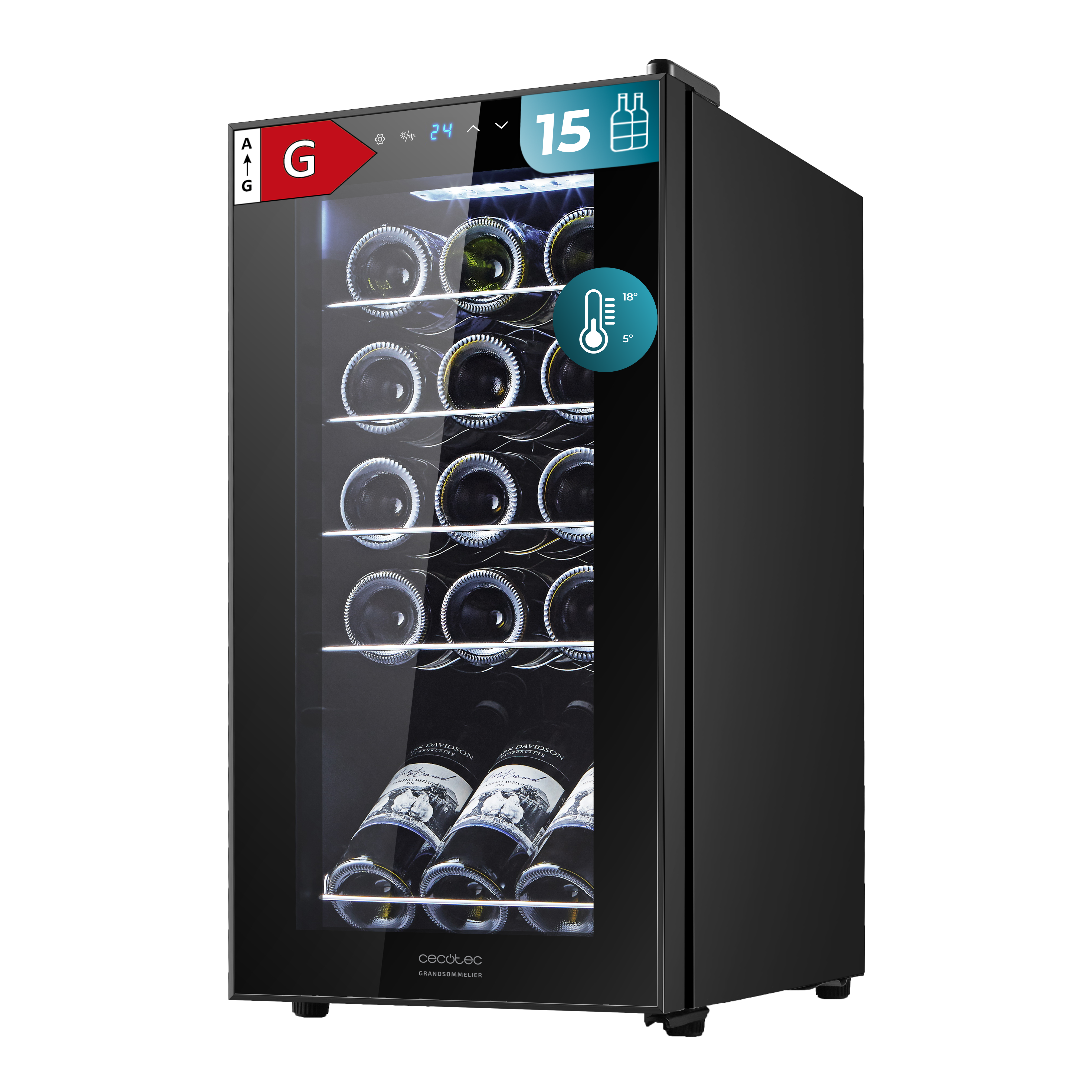 Enfriador de vino negro, puerta de cristal, botellas dentro, con pantalla de temperatura y etiqueta energética.