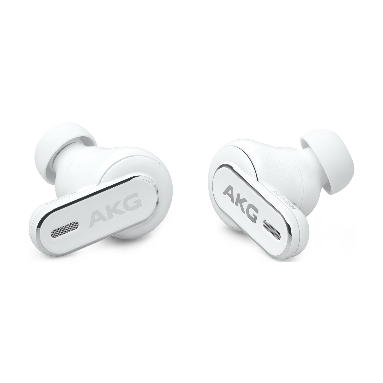 Due auricolari AKG bianchi. Ognuno ha il logo AKG e un accento argentato.
