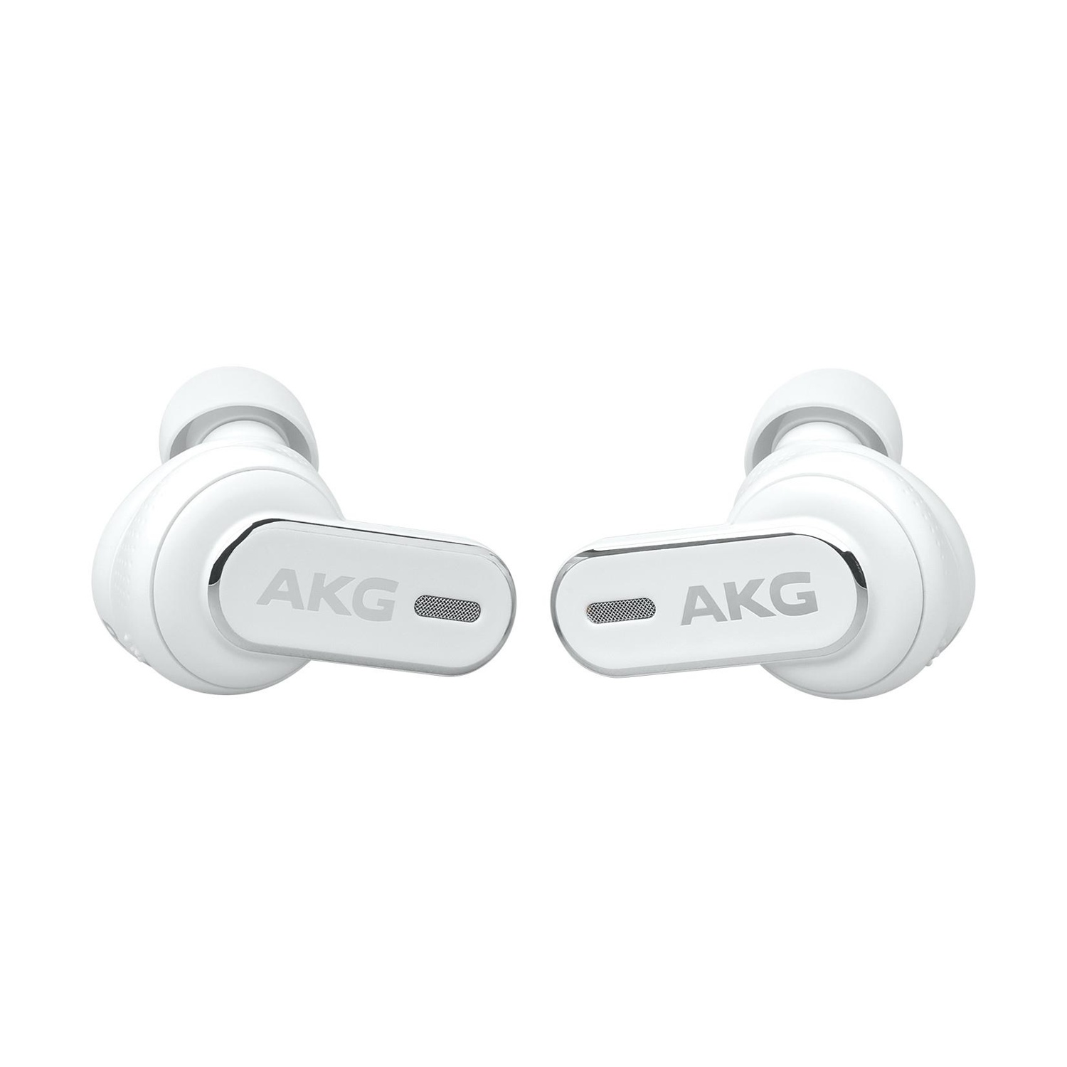 Due auricolari AKG bianchi, visti frontalmente, isolati su sfondo bianco.