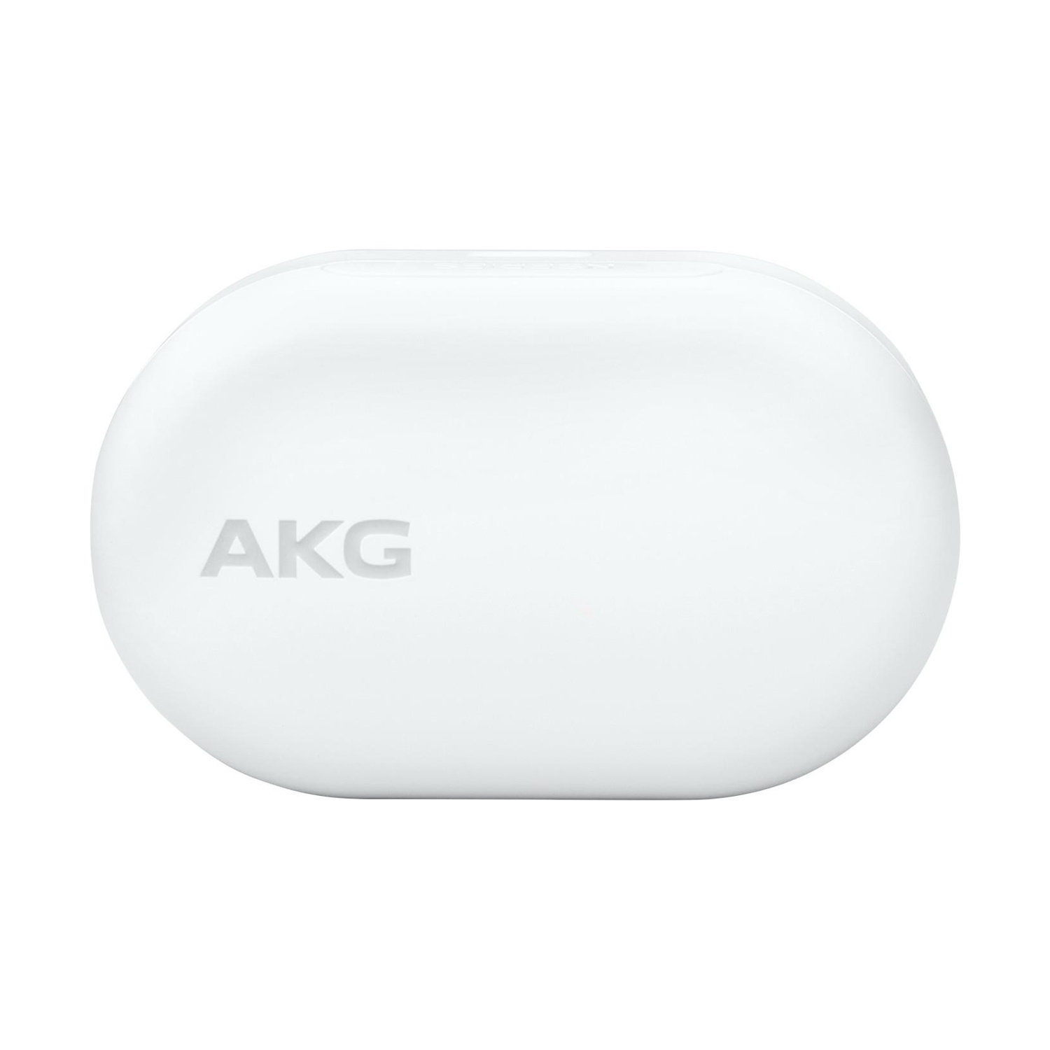 Custodia bianca ovale per auricolari AKG. Il marchio AKG è stampato in grigio sulla parte anteriore.
