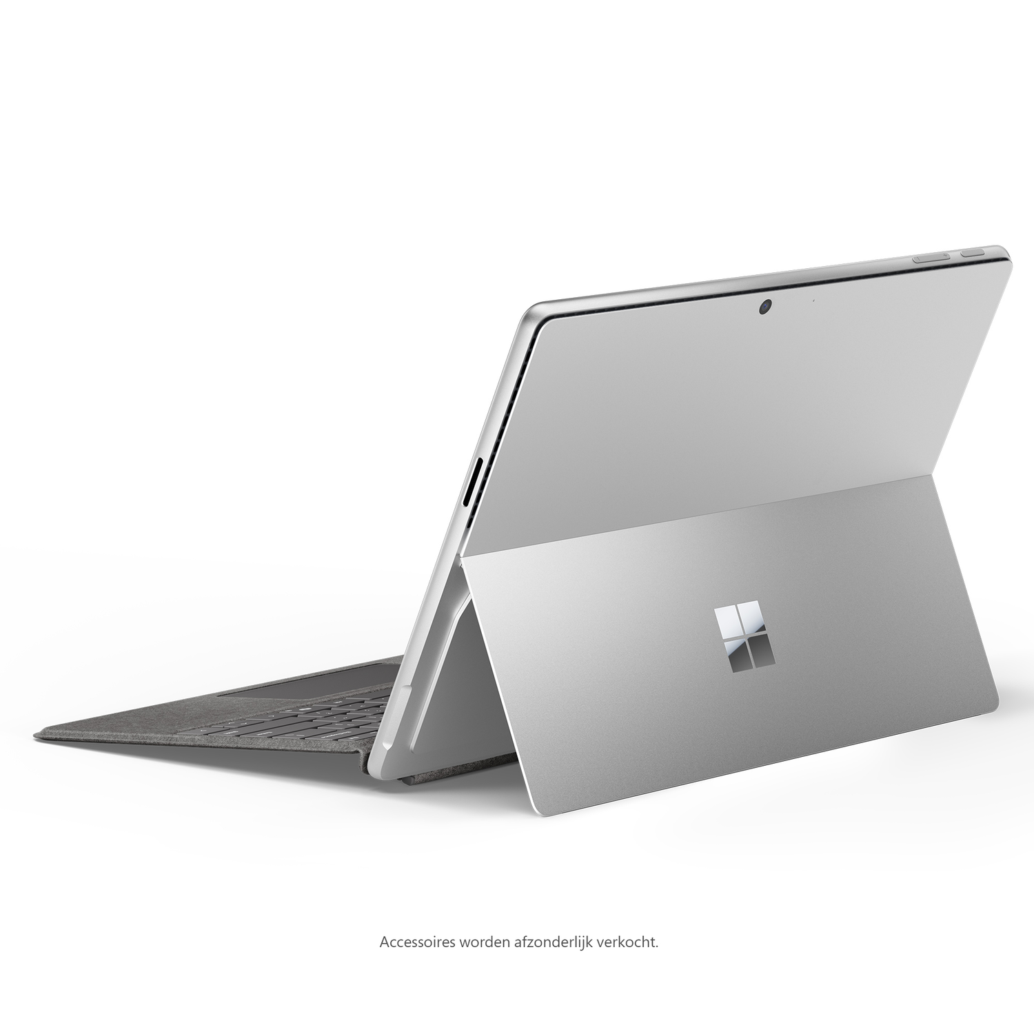 Silver laptop with a stand. The screen is at an angle on a white background.