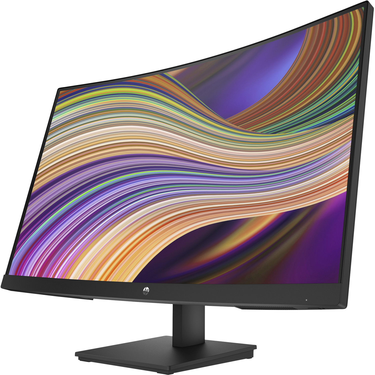 Gebogen zwarte monitor met een kleurrijk abstract ontwerp tegen een paarse achtergrond.