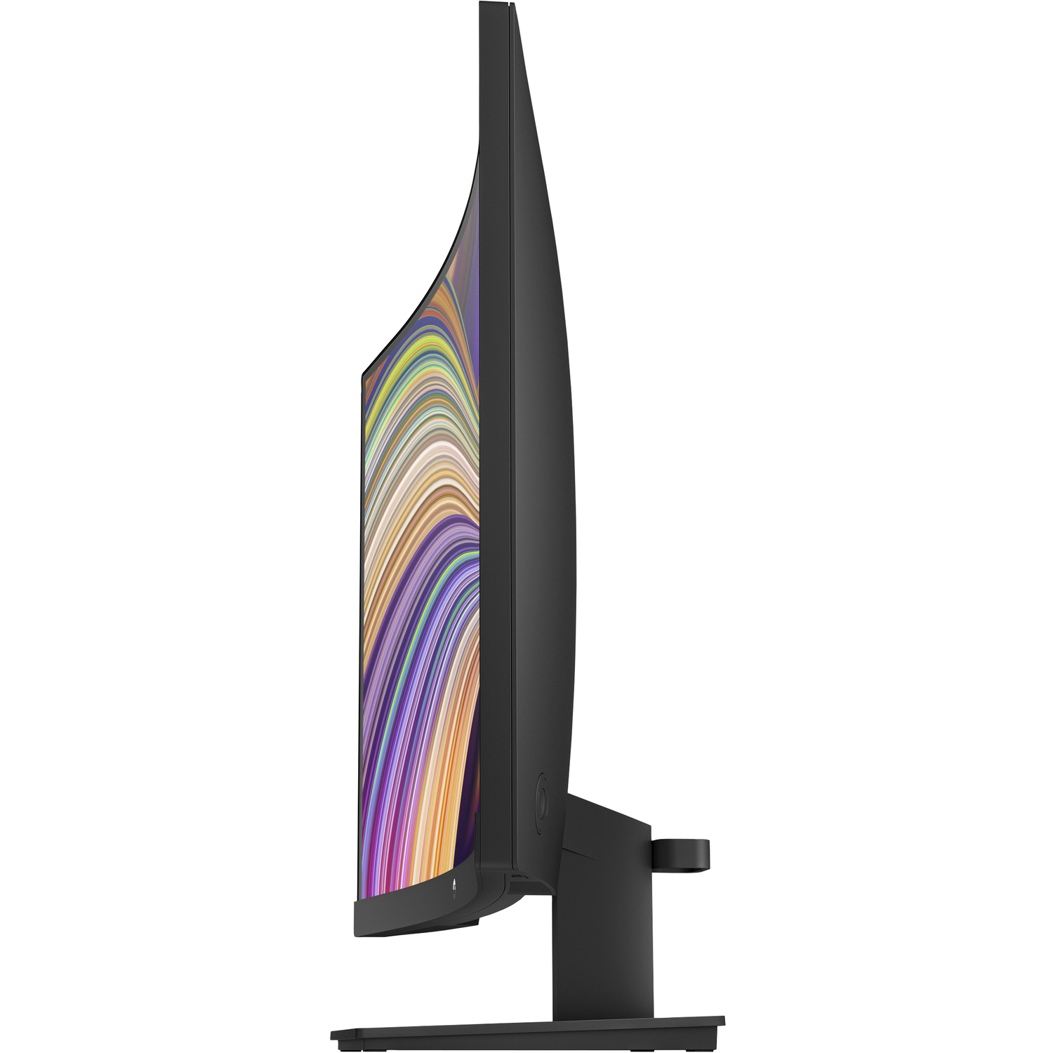 Een gebogen zwarte monitor met een veelkleurig scherm, zijaanzicht.