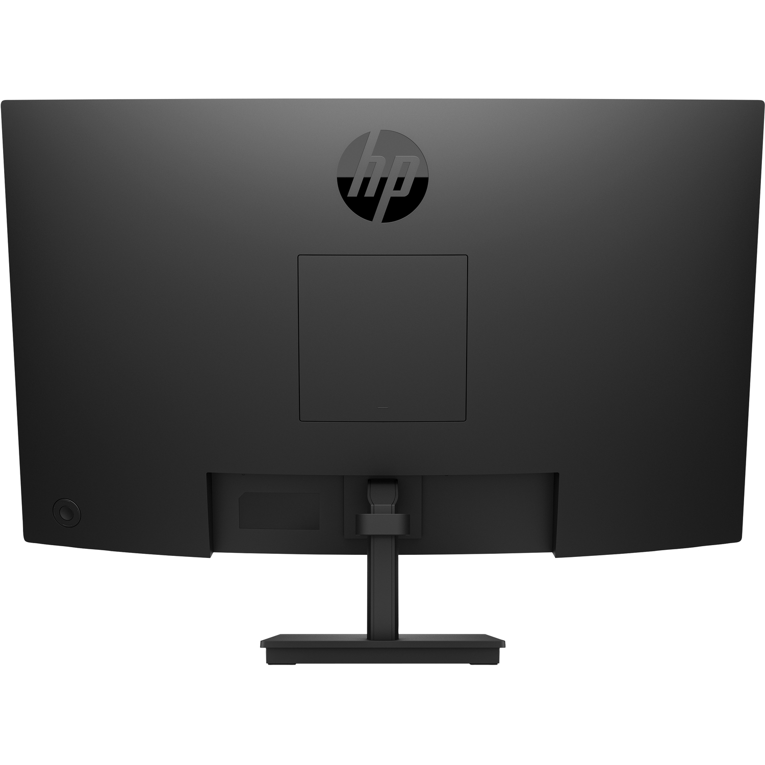 Achterkant van een zwarte HP-monitor. Het heeft een standaard, een vierkante poortafdekking en het HP-logo.