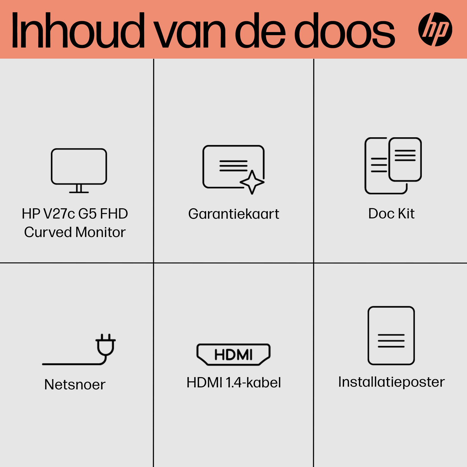 Inhoud van een doos. Bevat monitor, garantiekaart, doc kit, netsnoer, HDMI-kabel.