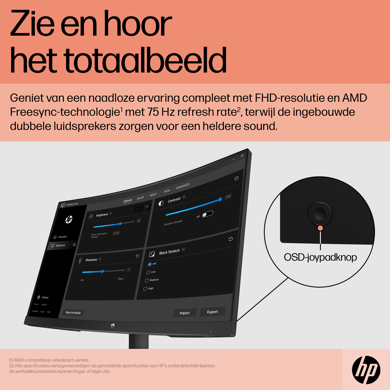 Een gebogen computermonitor toont instellingen en een OSD-joystick. Zwart frame met HP-logo zichtbaar.