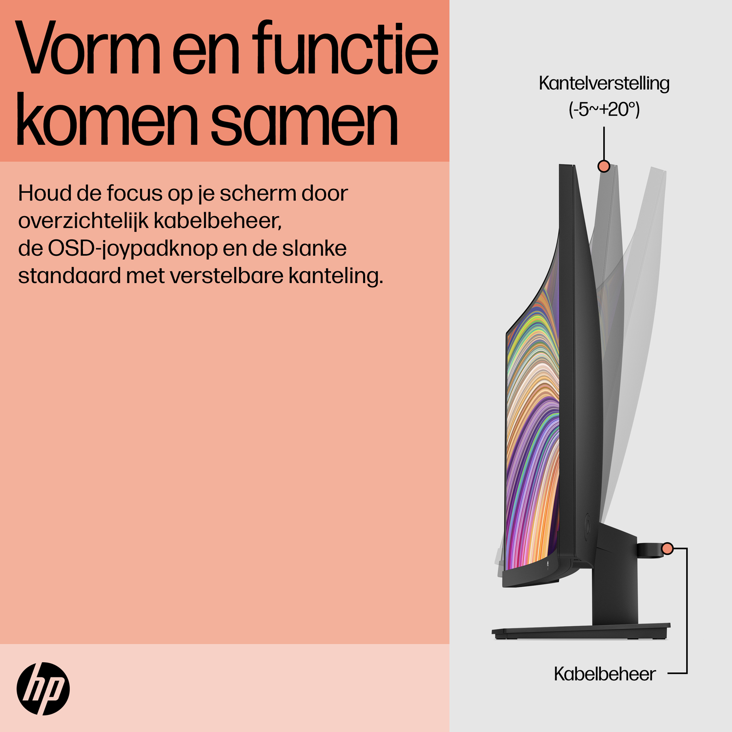 Een gebogen monitor toont tekst. Het heeft een standaard met kabelbeheer. De tekst luidt: Vorm en functie komen samen.