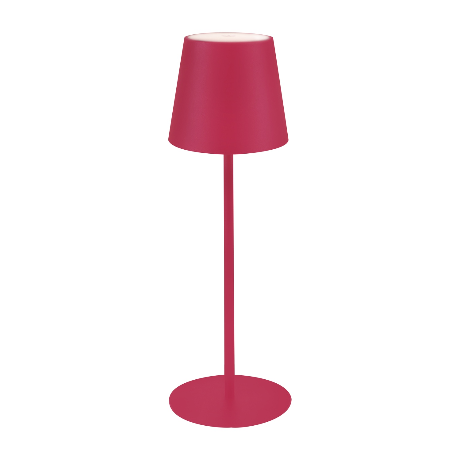 Lampada da tavolo rossa con paralume conico e base rotonda, isolata su sfondo bianco.