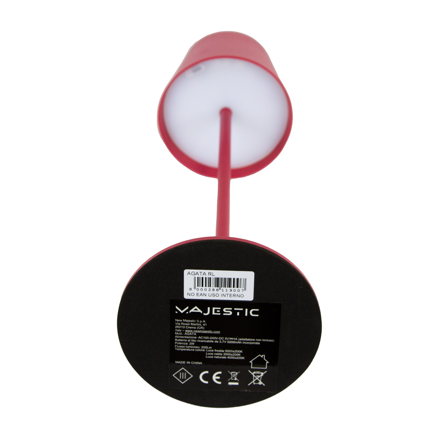 Lampada rossa vista dal basso, con base rotonda. La lampada è rosa. La base mostra informazioni sul prodotto.