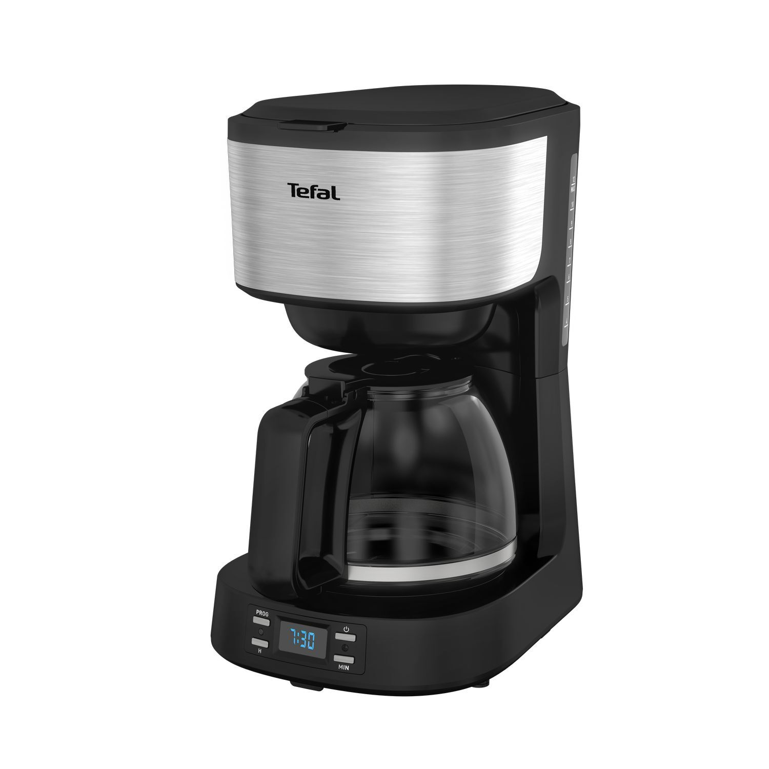 A black and silver coffee maker with a glass carafe and a digital clock display.