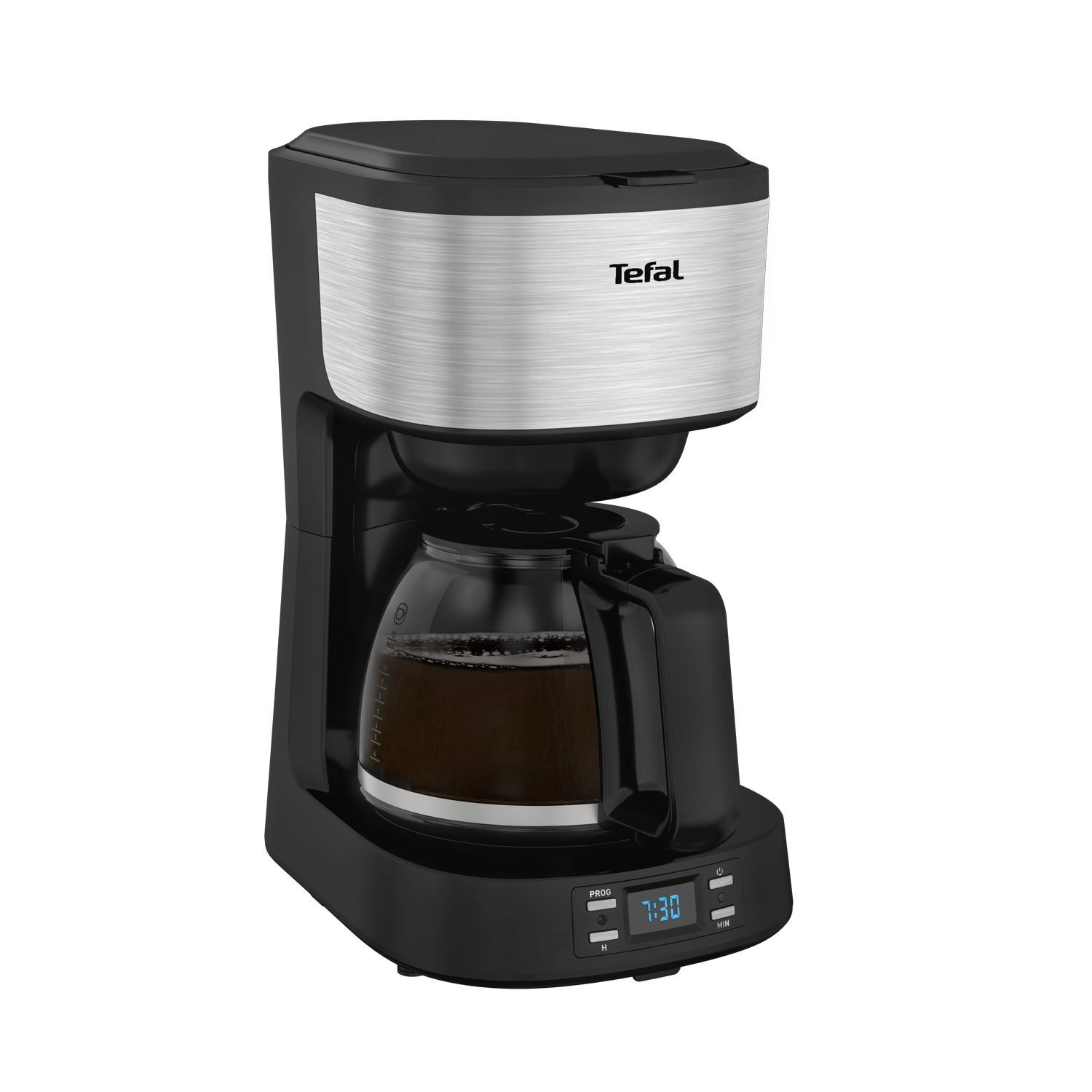 Black coffee maker, glass carafe, digital display.