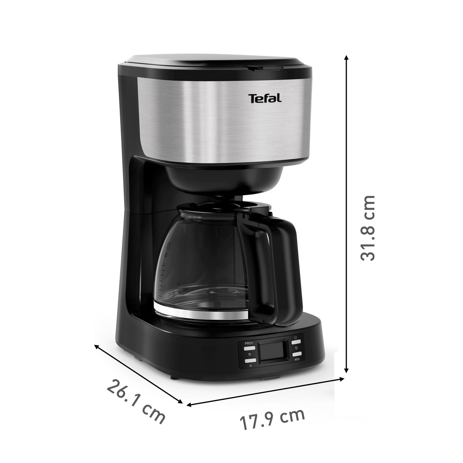 A black and silver coffee maker with a glass carafe, showing dimensions.