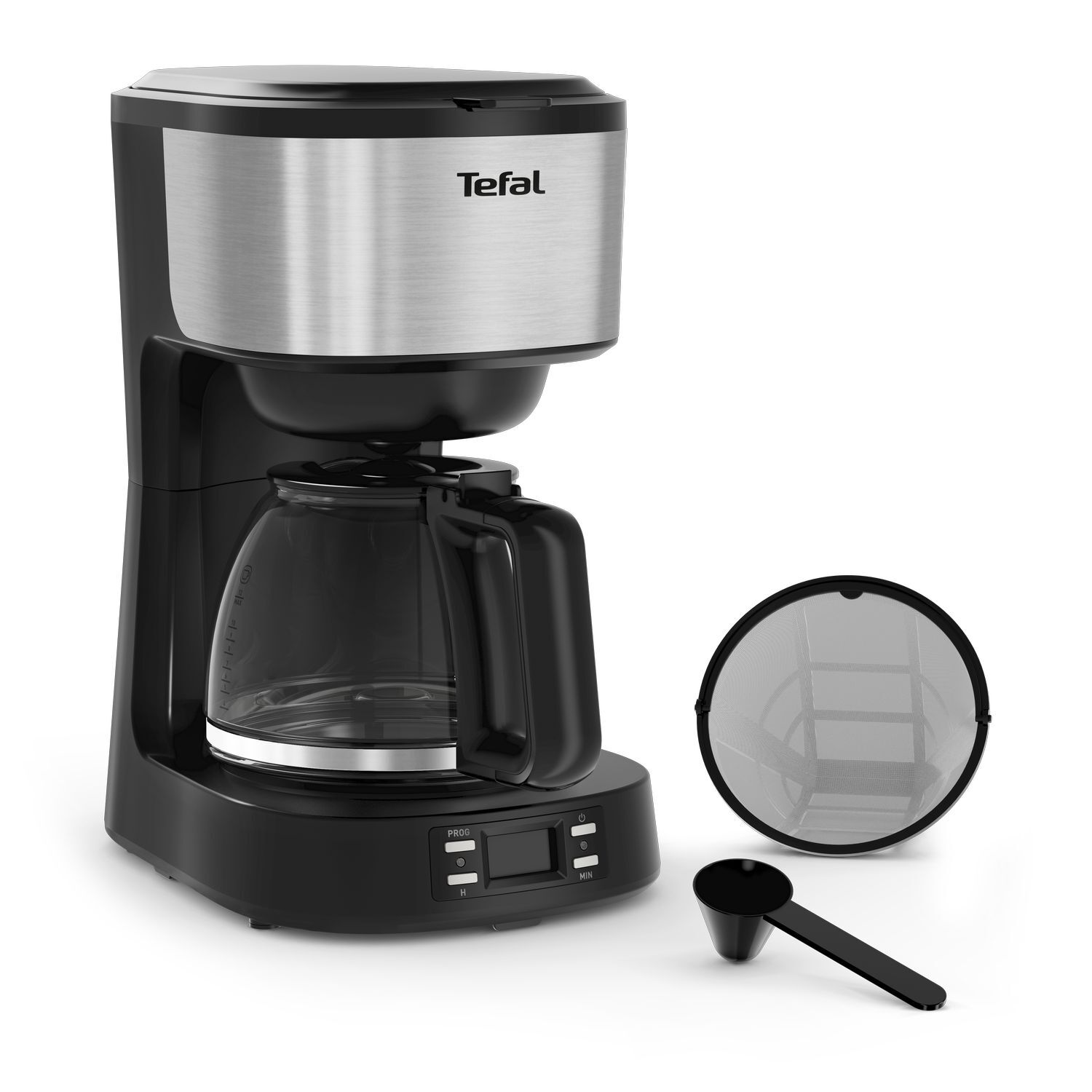 Black and silver Tefal coffee maker with a glass carafe and a filter.