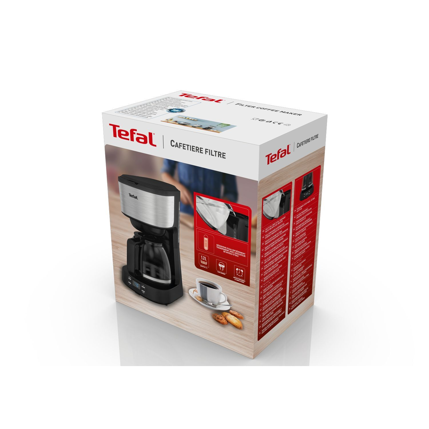Tefal coffee maker box. Coffee machine shown on the front with a coffee cup. Box is white with red and black.