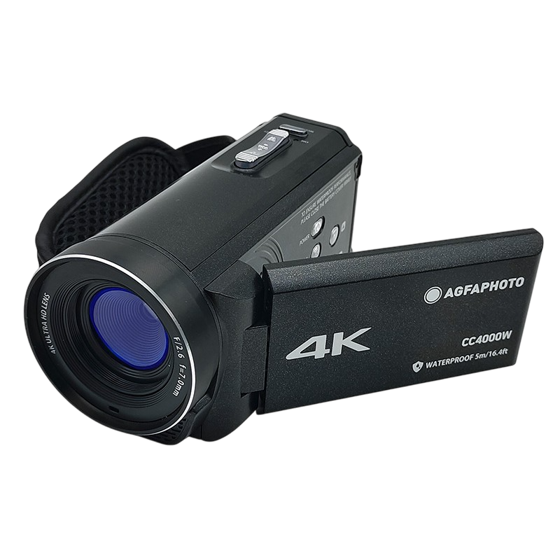 Schwarze Videokamera mit blauem Objektiv, geöffnetem Bildschirm und Agfaphoto-Logo.