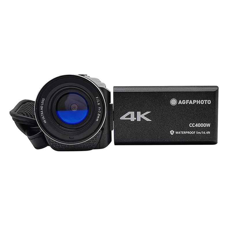 Eine schwarze AgfaPhoto 4K-Kamera mit Objektiv und 4K-Logo an der Seite, wasserdicht bis 5m/16,4ft.
