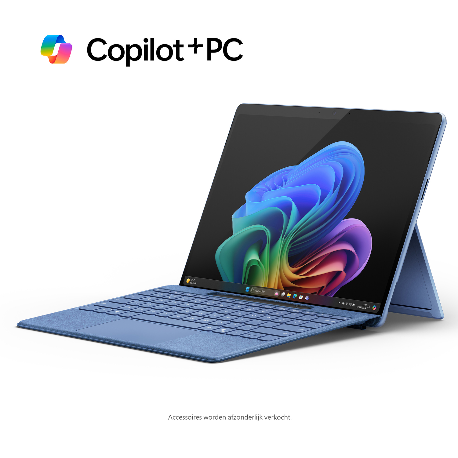 Blue tablet with a keyboard cover and a colorful screen displaying a Windows interface.